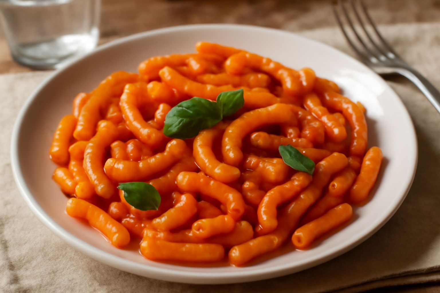 Maccarruni ca' pummaruòla nel piatto: pasta ricurva color giallo-ambra coperta di sugo rosso brillante, guarniti con pochi fili di basilico fresco verde, poggiati su un piatto bianco con orlo sottile