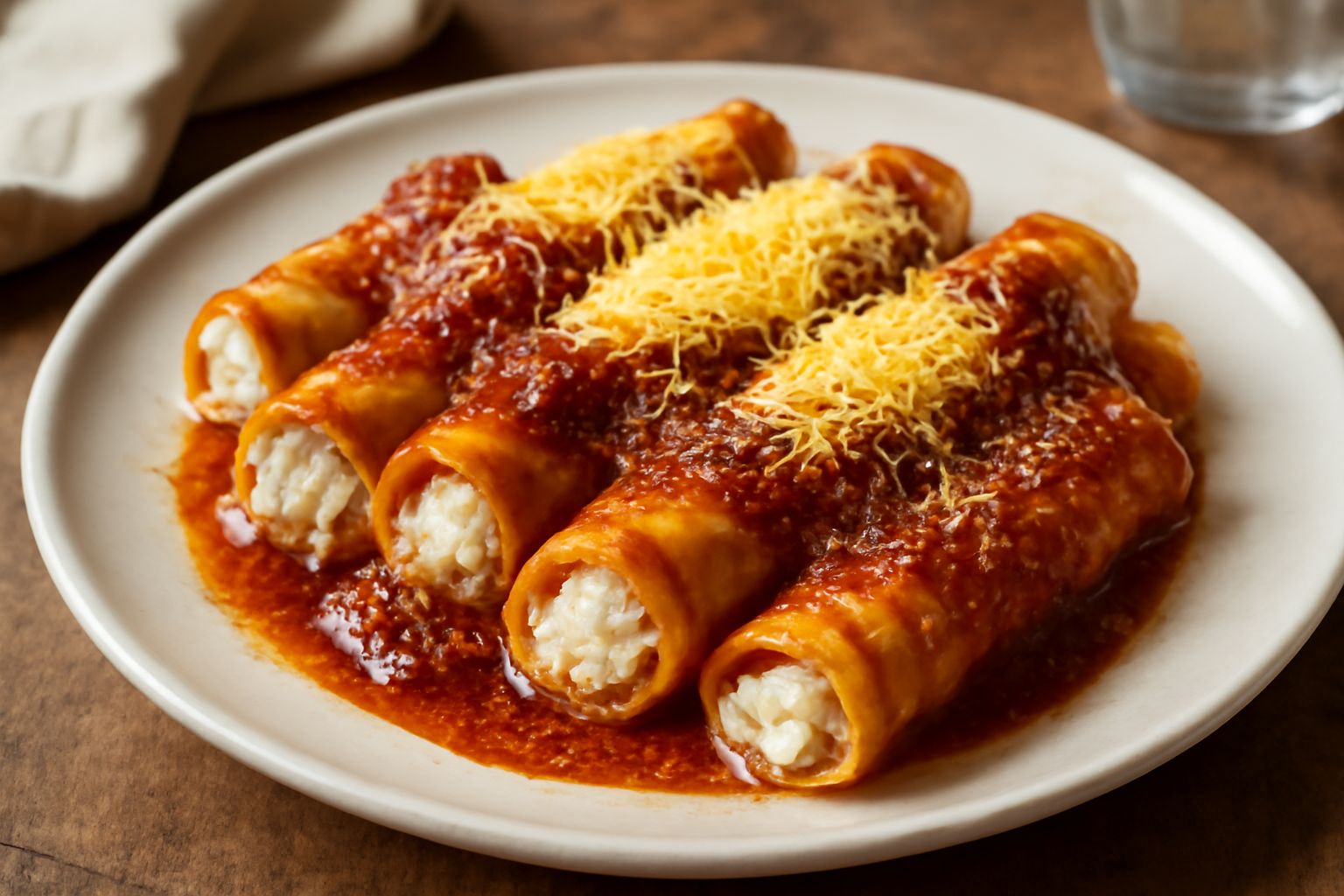 Tre maccarruni ca ricotta serviti in un piatto bianco, ripieni di ricotta bianca visibile all'interno, ricoperti di ragù rosso scuro e spolverati di formaggio grattugiato giallo, con contorno di sugo 