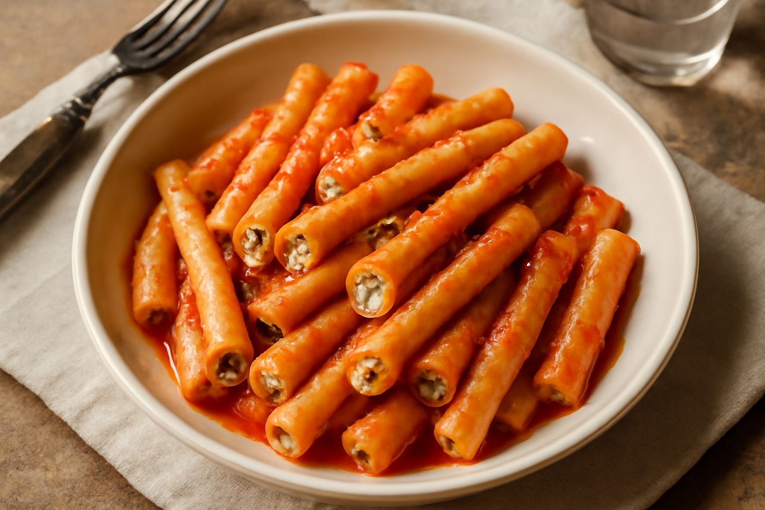 Piatto di maccarruni ripieni disposti verticalmente, pasta color oro con ripieno cremoso di ricotta e melanzane viola che spunta, ricoperti di sugo rosso leggero e basilico fresco verde