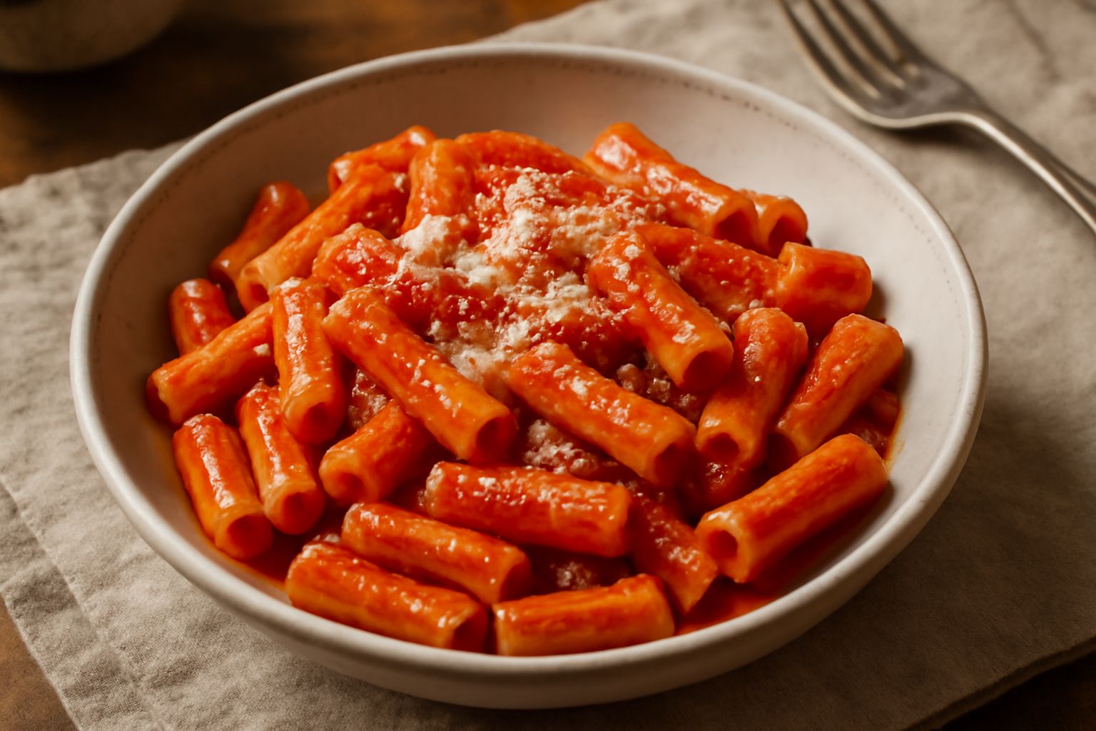 Piatto bianco con maccarruni conditi di sugo rosso pomodoro, grana grattugiata biancastra in superficie, due o tre foglie di basilico fresco verde scuro, olio che brilla sulla pasta, sfondo neutro