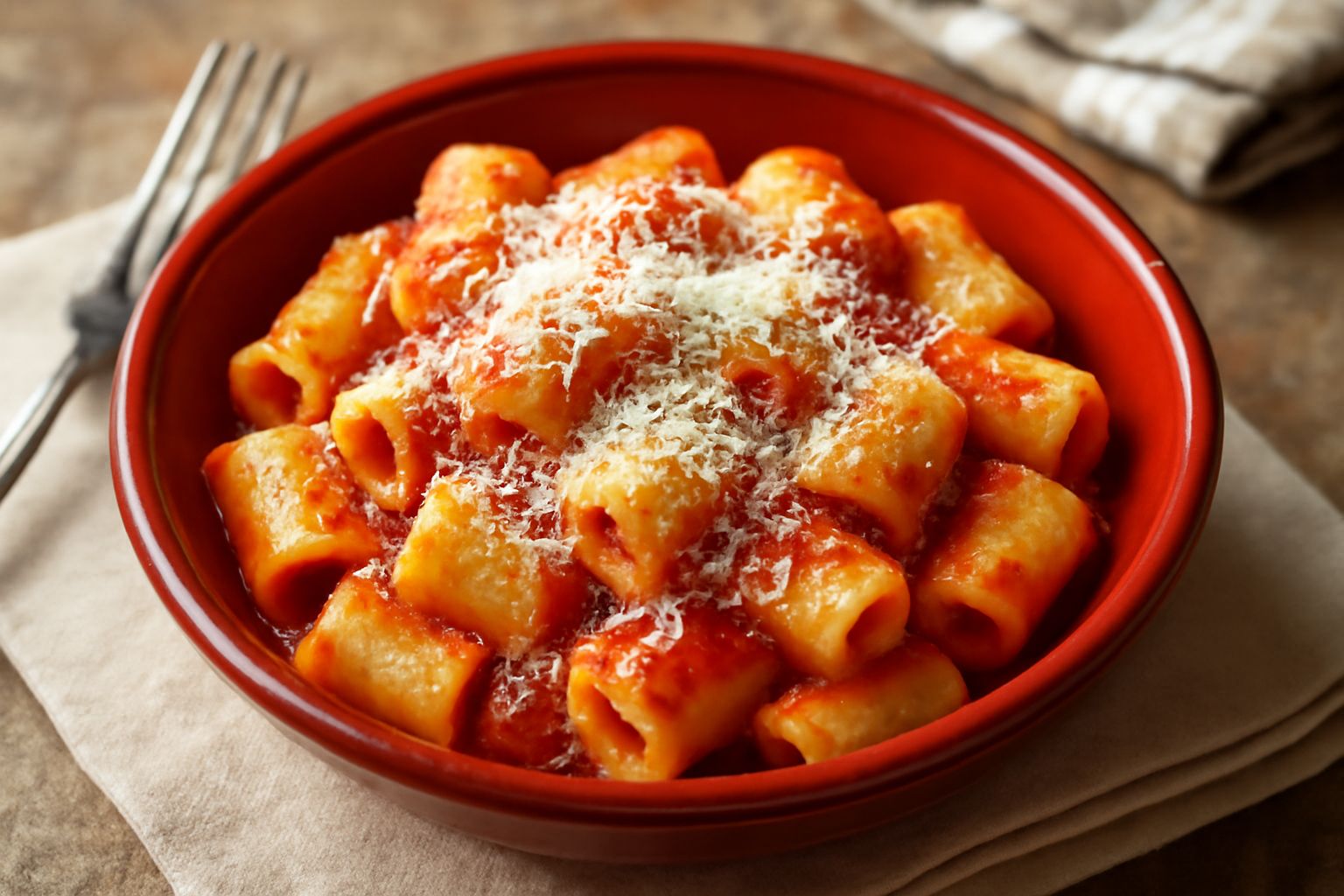 Piatto di maccarruni ca sarda: tubetti di pasta ripiena ripieni serviti in ciotola di terracotta rossa, coperti di salsa di pomodoro rosso brillante e granelli di formaggio pecorino bianco grattugiato