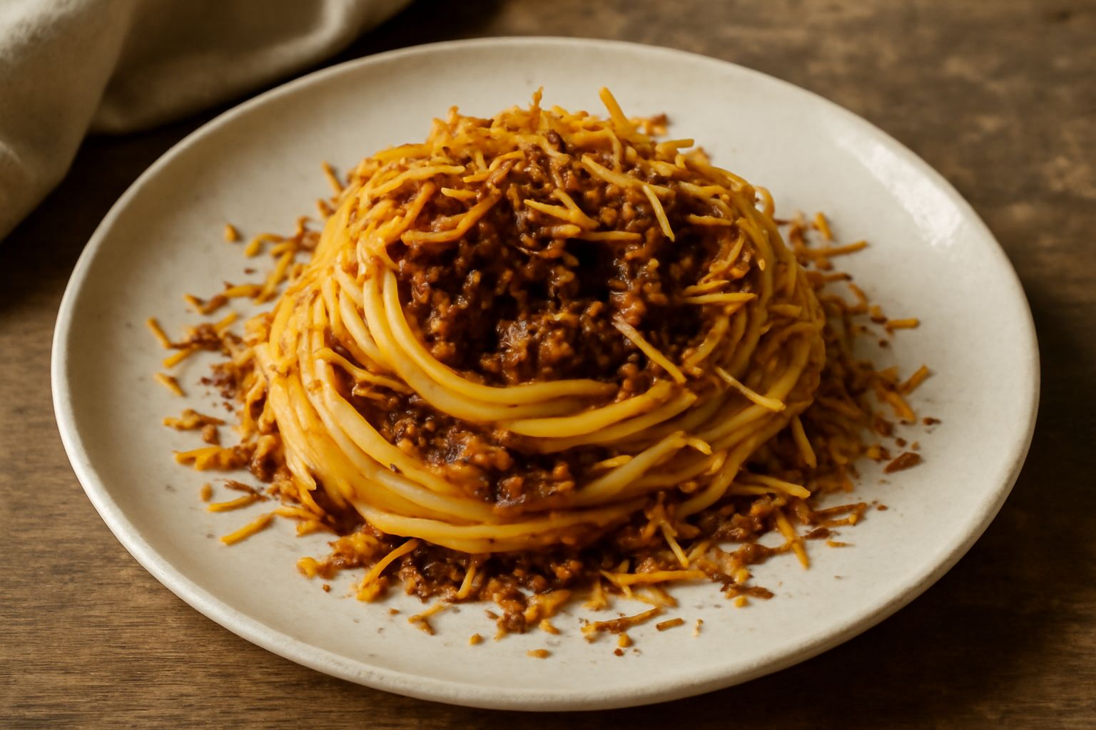 Piatto di pasta fresca «maccarruni» arrotolata su se stessa, coperta da ragù scuro, vermicelli croccanti dorati sparsi in superficie e prezzemolo fresco verde