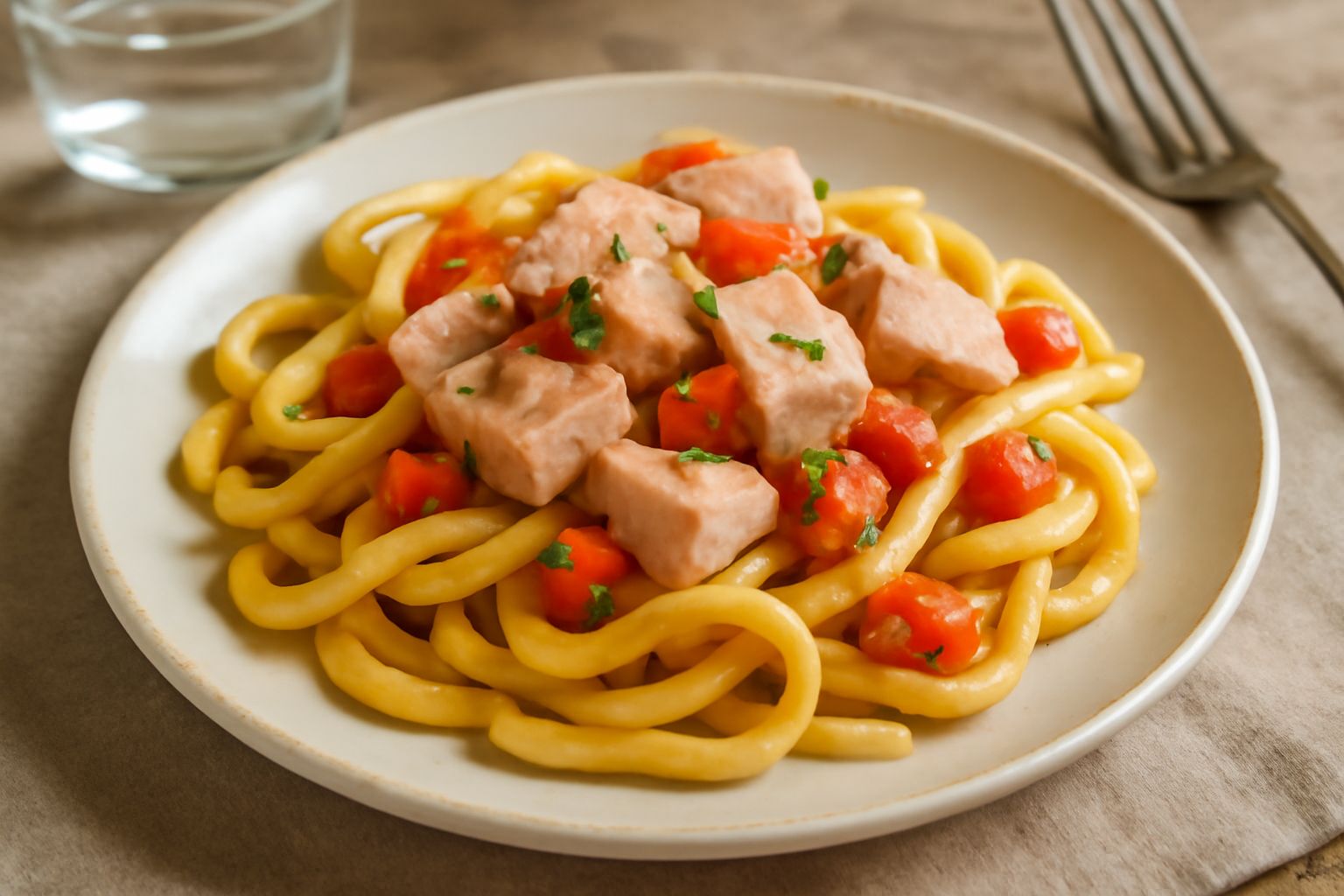 Piatto di maccarruni con pesce spada: pasta fresca al centro, fettine di pesce spada leggermente dorate, pomodori rossi a dadini sparsi, basilico verde fresco, olio lucido sulla superficie, contorno b