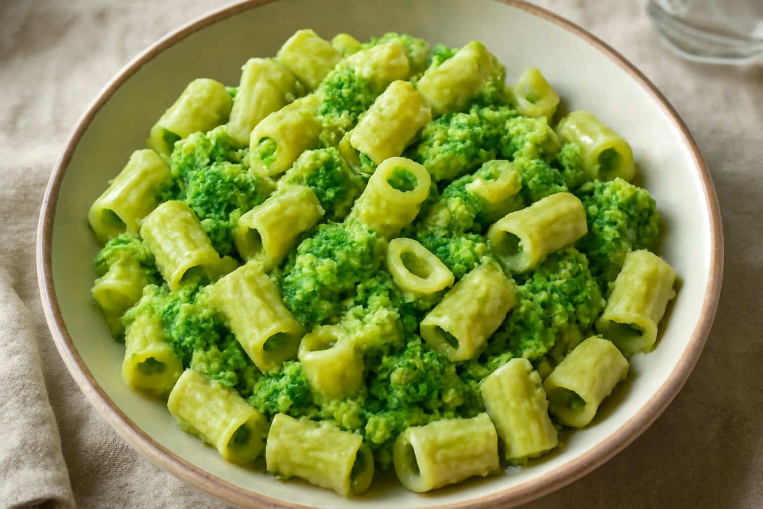 Piatto di maccarruni con broccoli: pasta rigatoni color ambra mista a pezzi di broccolo verde scuro, conditi di olio dorato, aglio affettato visibile, serviti in un piatto bianco fondo su tovaglia blu