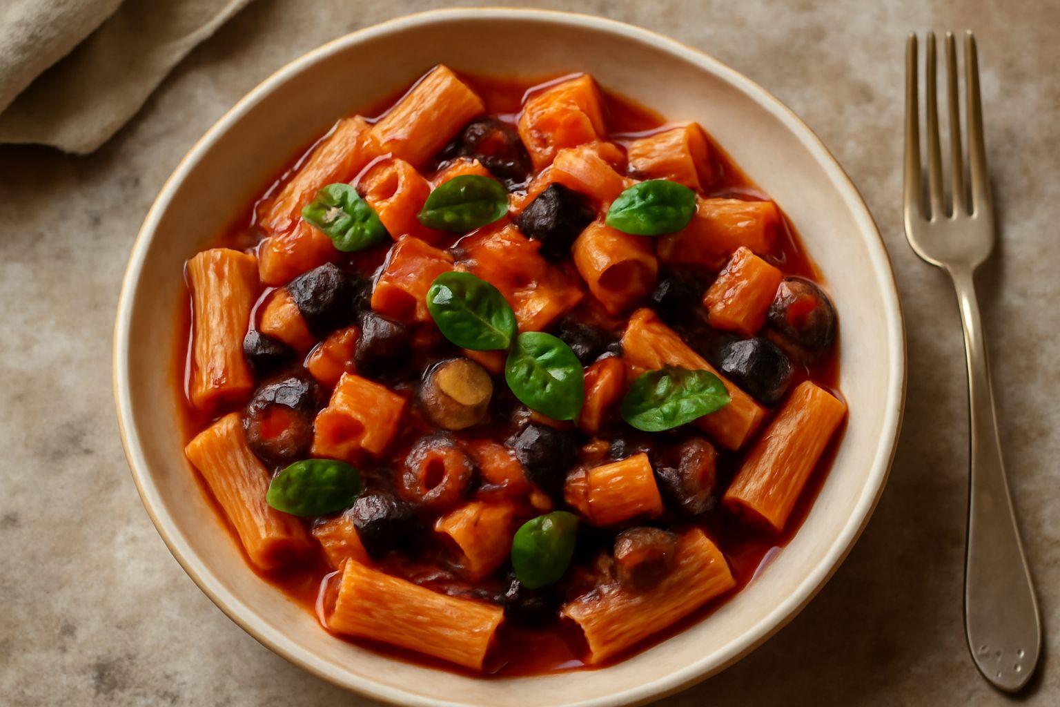 Un piatto di ceramica bianca con maccarruni rigatoni conditi con melanzane tagliate a dadini di colore viola scuro, salsa di pomodoro rosso brillante, basilico fresco verde e filo di olio, servito su 
