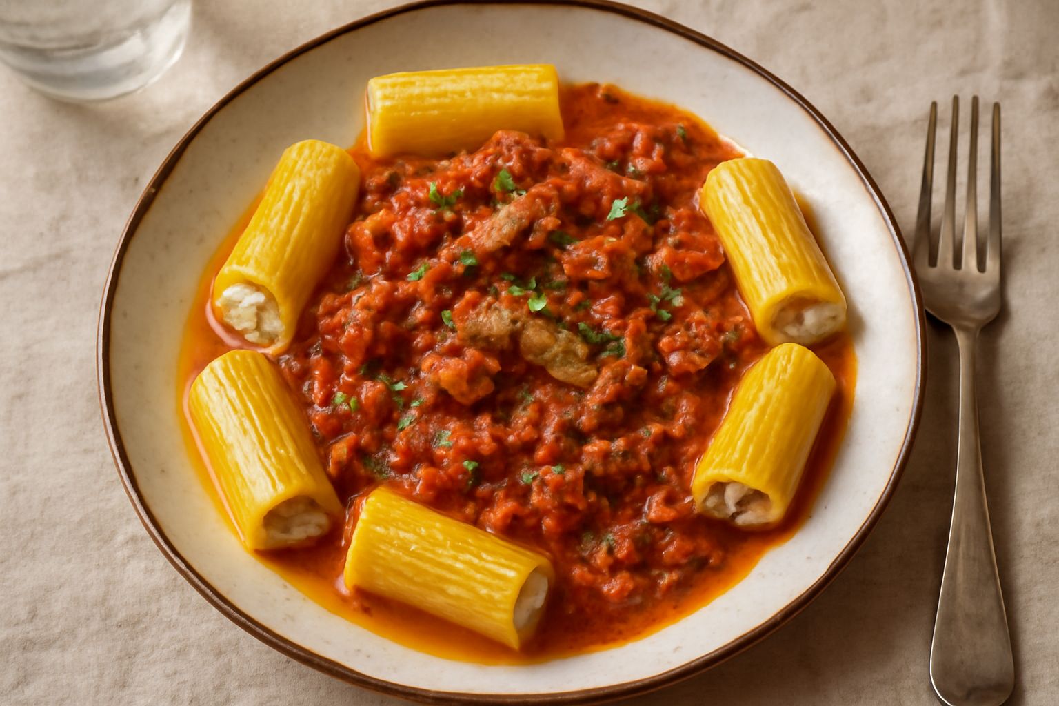 Piatto di maccarruni con le sarde con pasta giallo zafferano, sarde scure e finocchietto verde, servito in piatto bianco con ragù rosso visibile sulla pasta, guarnito con pepe nero