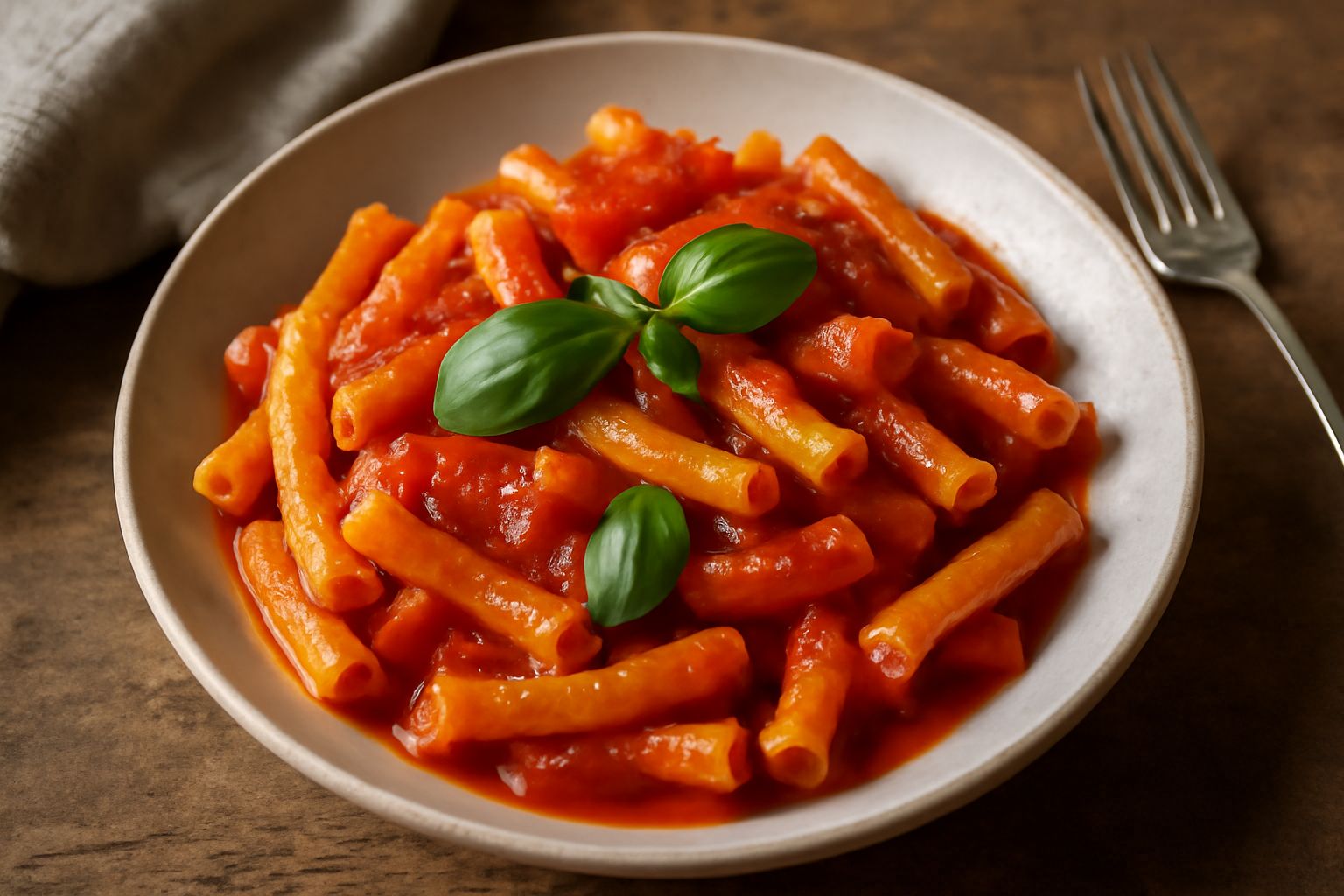 Piatto di pasta tubolare ricurva con salsa rossa di pomodoro, foglia di basilico fresco verde al centro, filo di olio d'oliva lucido, su fondo bianco di ceramica.