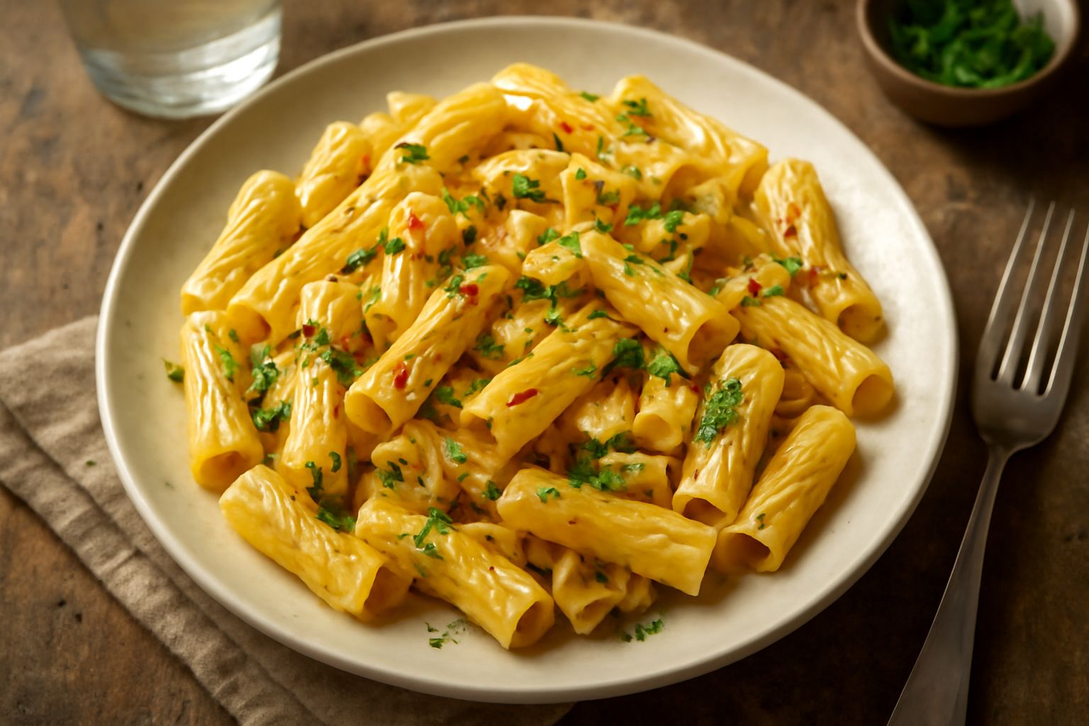 Piatto di pasta lunga rigatoni condita con aglio dorato e peperoncino rosso, olio lucente, prezzemolo verde fresco sparso in superficie, servita in ciotola bianca