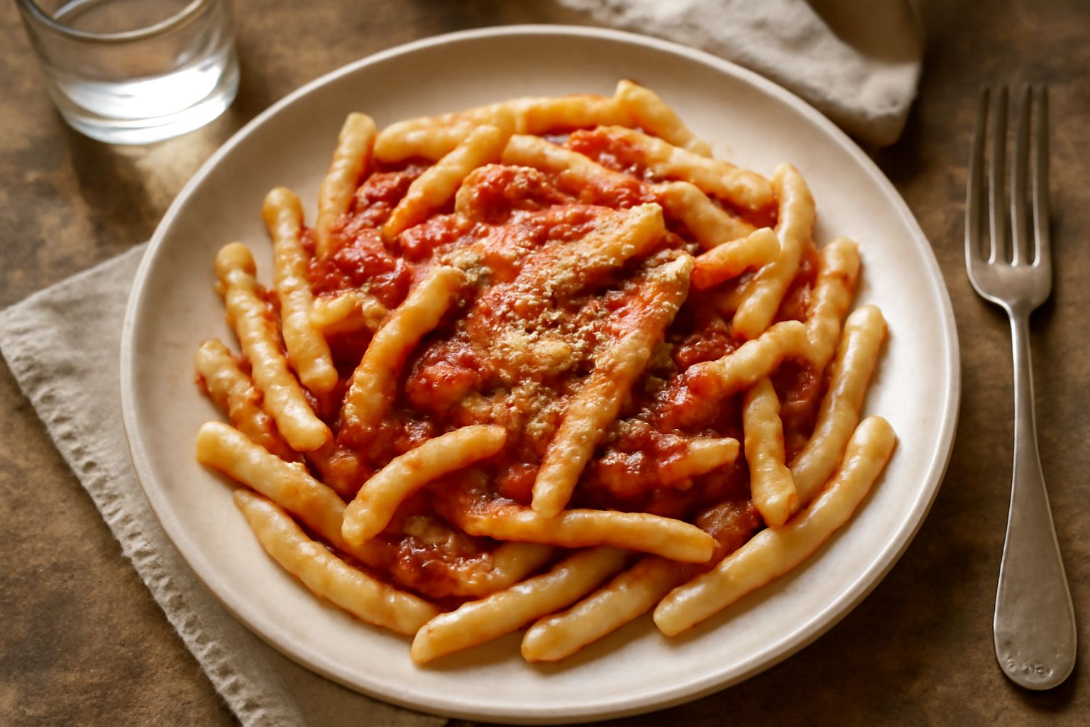 Maccarruni i casa dorati e ancora umidi disposti su tavolo di legno con farina bianca sparsa intorno, alcuni pezzi avvolti a spirale, luce naturale da finestra