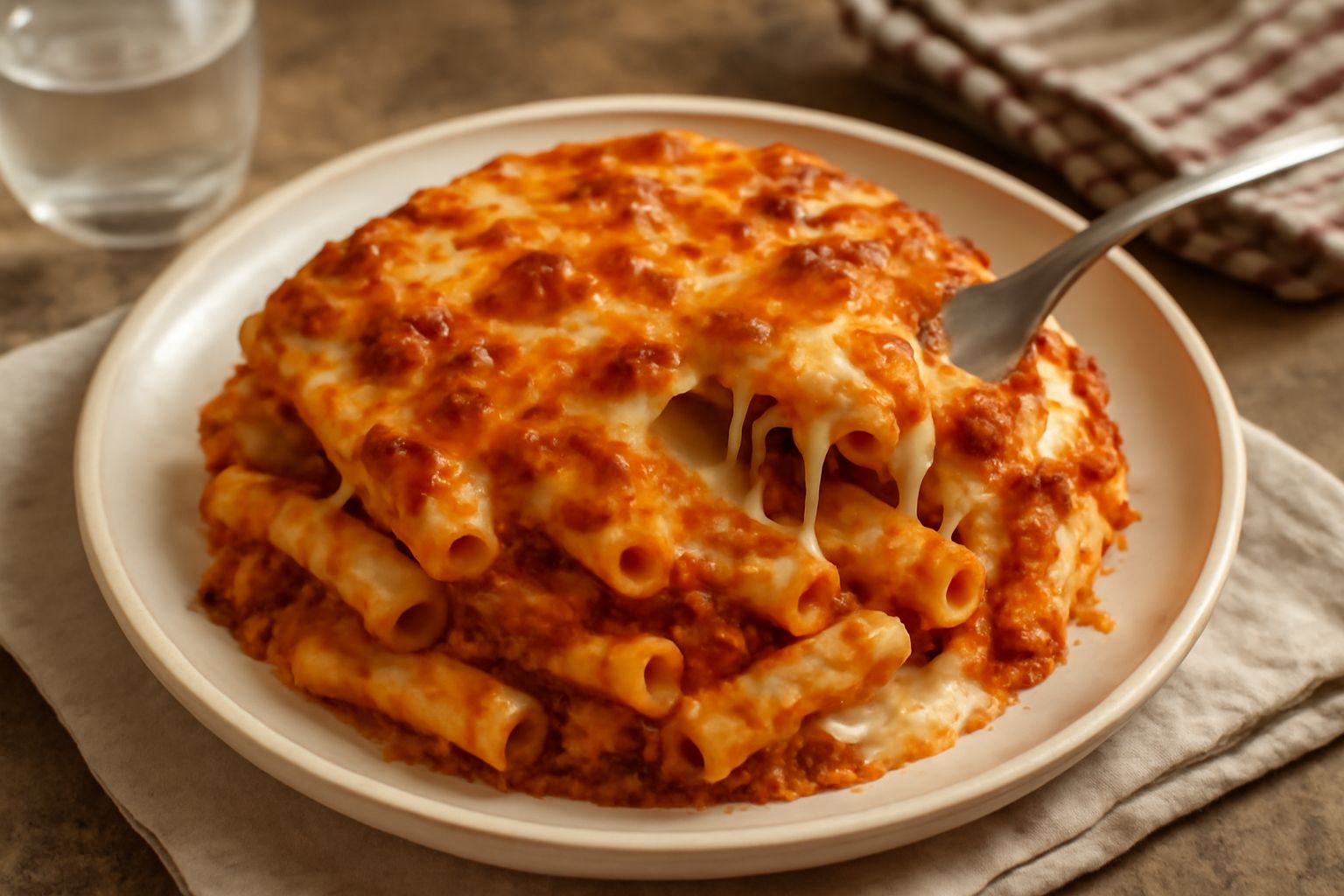 Maccarruni incasciati in piatto bianco, pasta dorata in superficie con formaggio fuso, vapore leggero, contorno di pane tostato scuro