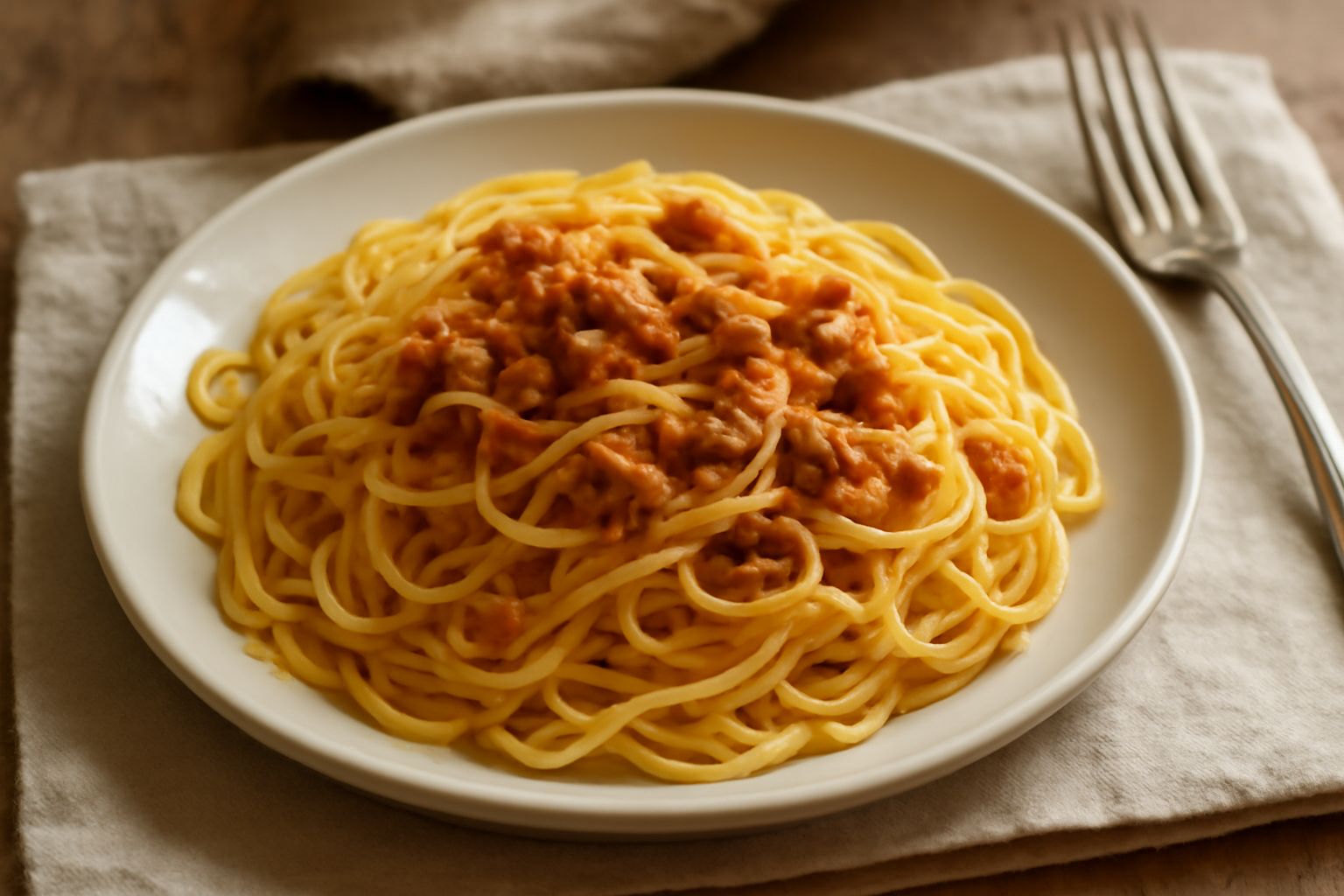 Piatto bianco con maccheroncini di Campofilone dorati conditi con ragù leggero, foglia di prezzemolo fresco, grana grattugiato, fondo di legno scuro con tovaglia in lino
