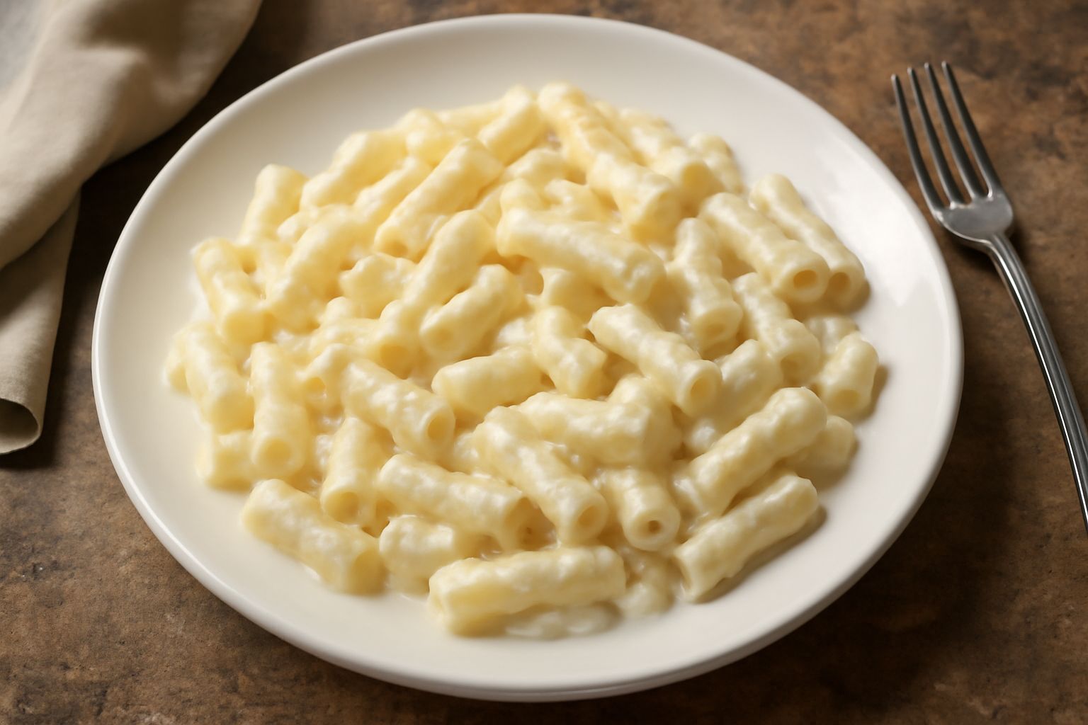 Maccheroni cremosi e bianchi in un piatto fondo di ceramica, ricoperti da una salsa densa e omogenea color bianco sporco, con scaglie di parmigiano sopra e un ciuffetto di prezzemolo fresco verde scur