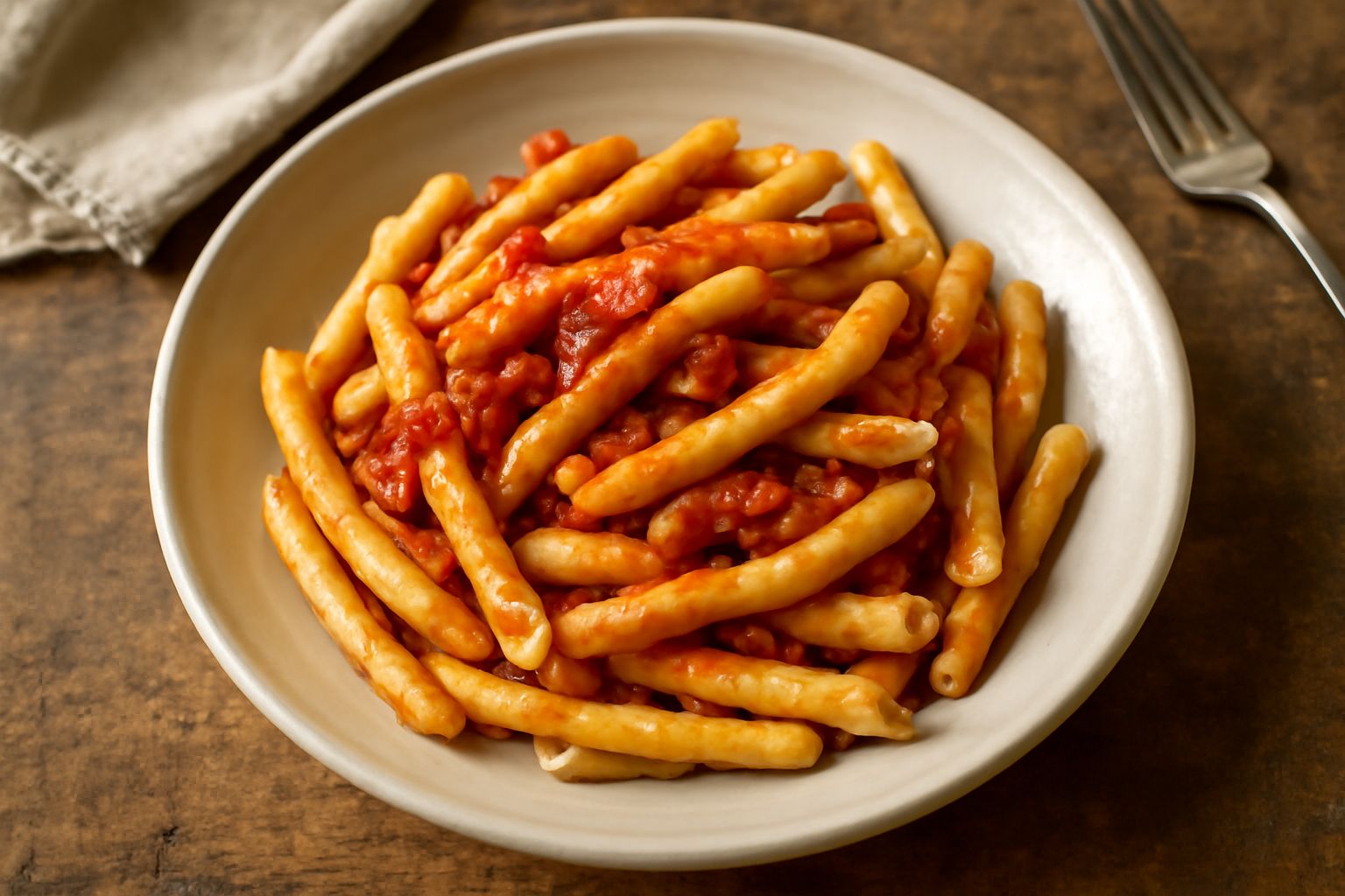 Maccheroni al ferretto cotti disposti nel piatto, dorati e leggermente rugosi, conditi con ragù scuro, guarniti con basilico fresco e scaglie di parmigiano, su fondo bianco