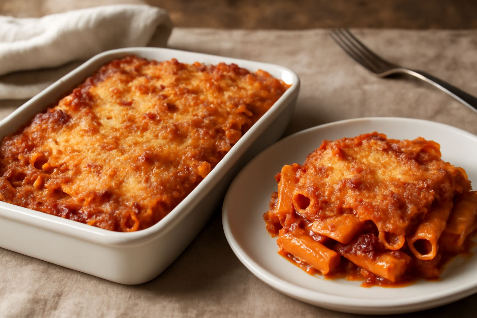 Piatto di maccheroni al forno fumanti appena sfornati, con la superficie dorata e croccante di formaggio gratinato, contorno di ragù rosso visibile tra la pasta, dentro una pirofila in ceramica bianca