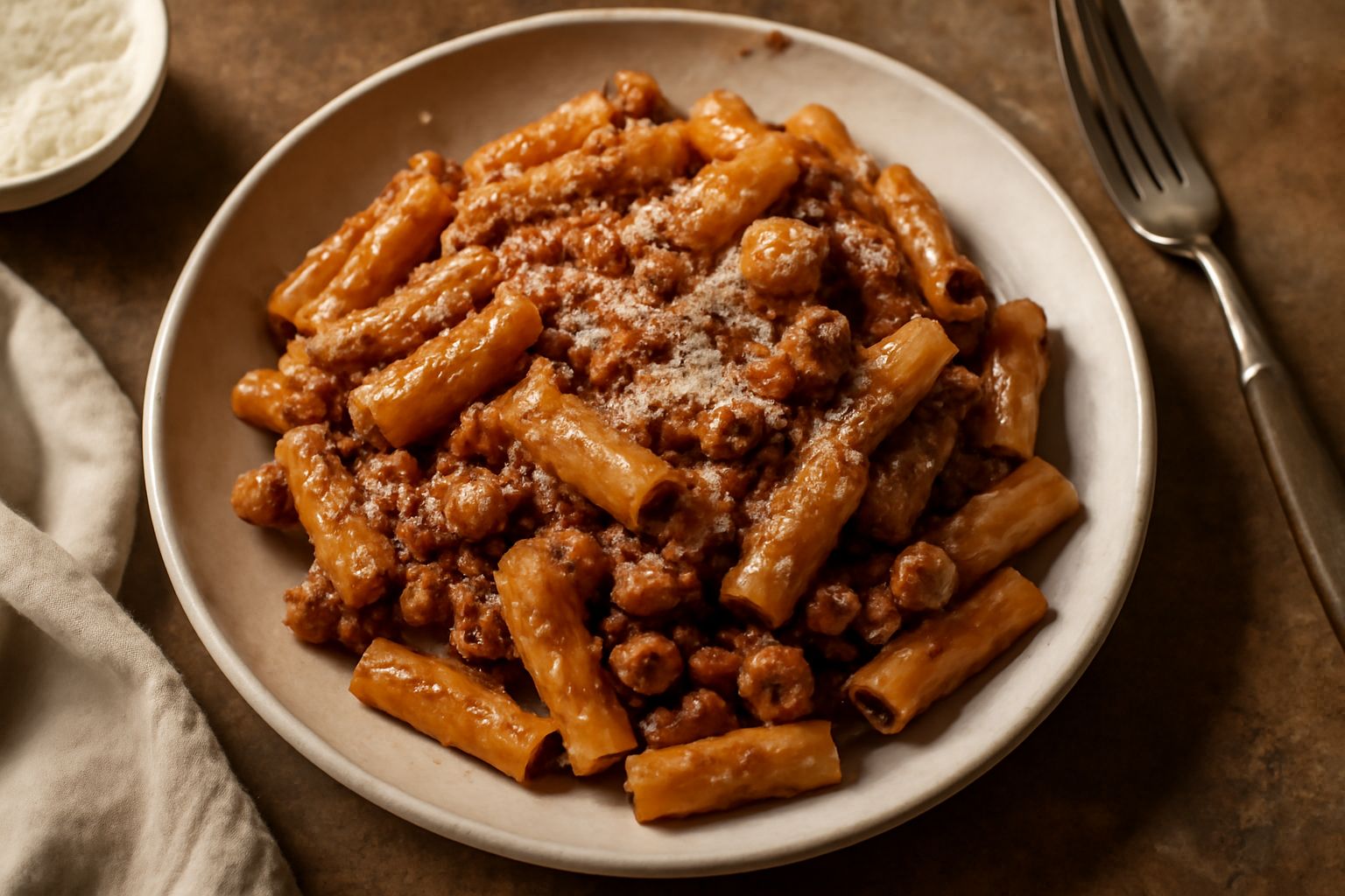 Un piatto di ceramica bianca con maccheroni rigatati ricoperti di ragù marrone scuro e denso, grattugiato di parmigiano reggiano bianco, con una forcella a lato e un bicchiere d'acqua sullo sfondo