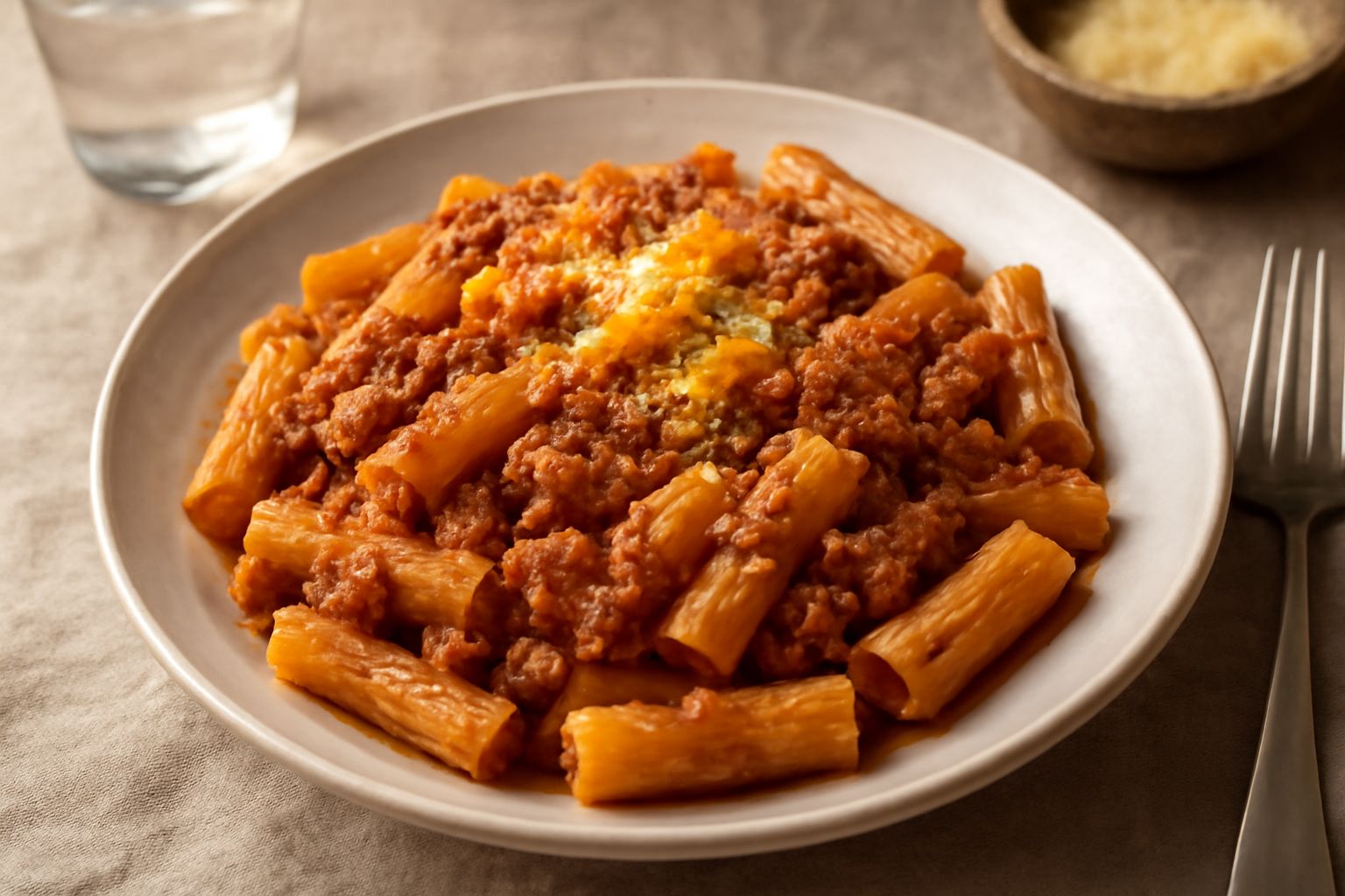 Un piatto bianco con maccheroni ricoperti di sugo di carne denso e marrone scuro, guarnito con parmigiano grattugiato e un filo di olio, su un tavolo di legno