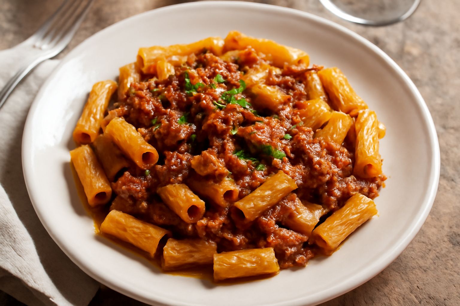 Piatto di maccheroni con sugo di quaglia marrone-rosso, guarnito con prezzemolo fresco, servito in una ciotola di ceramica bianca con un cucchiaio di legno accanto