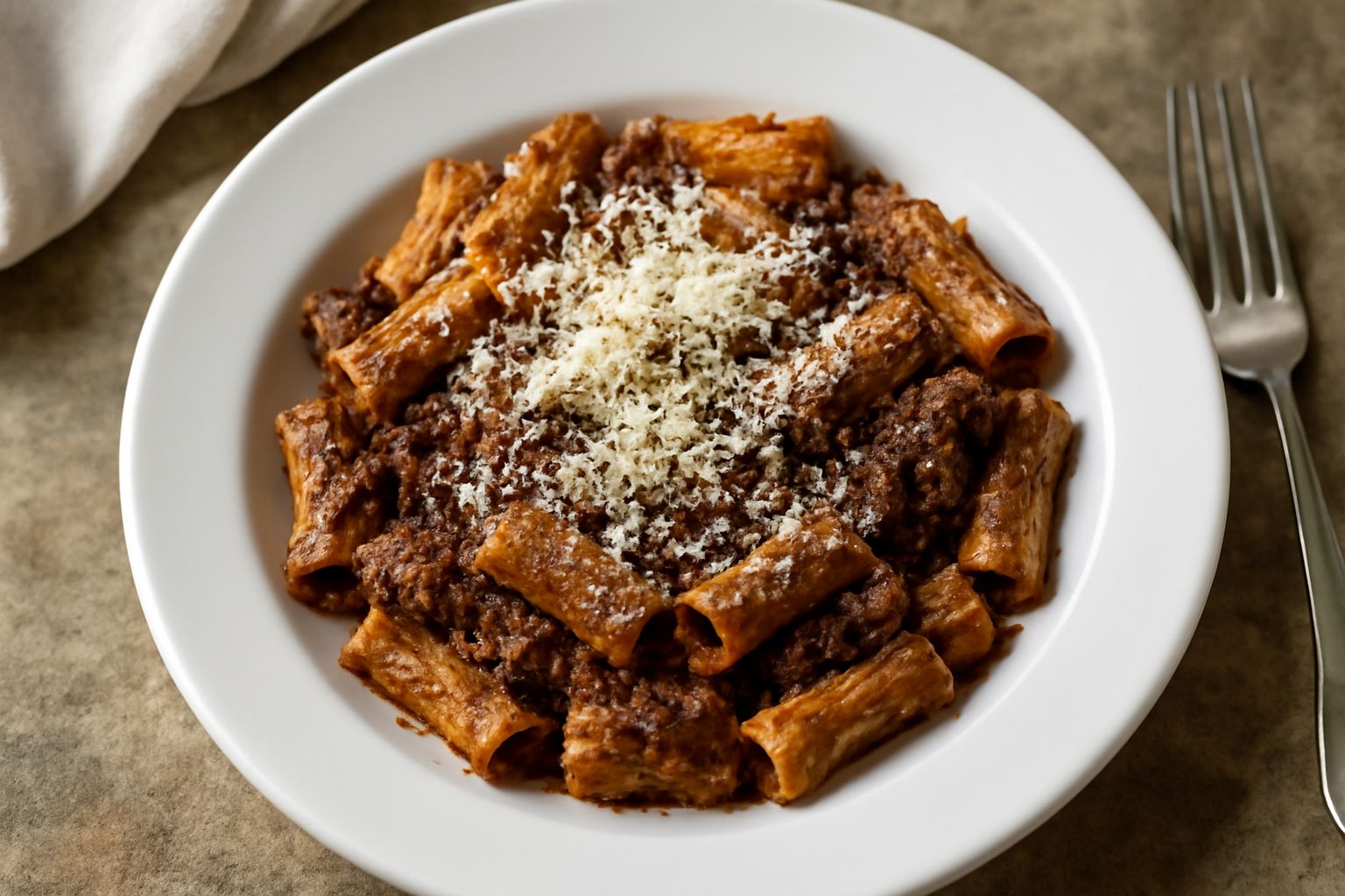 Piatto bianco con maccheroni rigatoni ricoperti di ragù marrone scuro, pecorino bianco grattugiato visibile sulla superficie, pepe nero sparso, posate a lato
