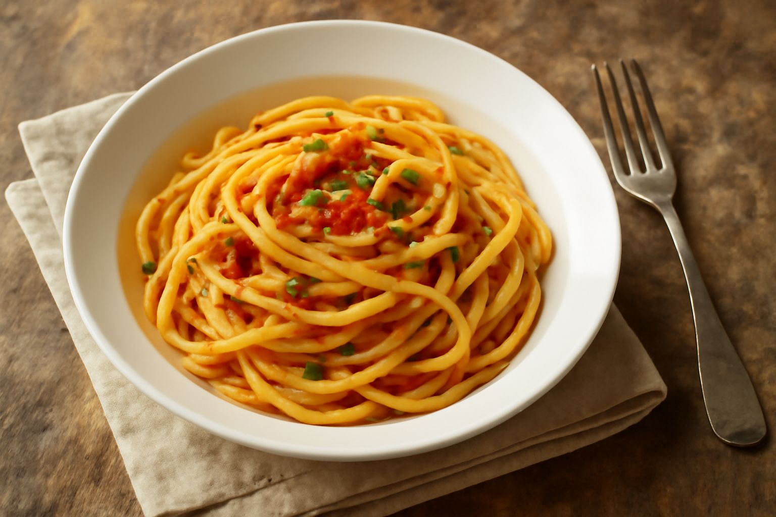 Maccheroni alla chitarra crudi disposti su una spianatoia di legno, di colore giallo dorato, con sezione quadrata visibile, accanto a una chitarra di legno e uova bianche intere