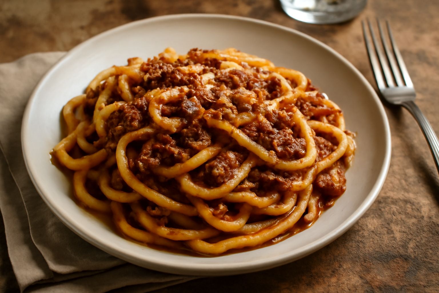 Piatto di maccheroni alla chitarra conditi con ragù marrone scuro, grattugiati con parmigiano bianco, serviti su piatto fondo bianco con ragù ancora umido che avvolge la pasta