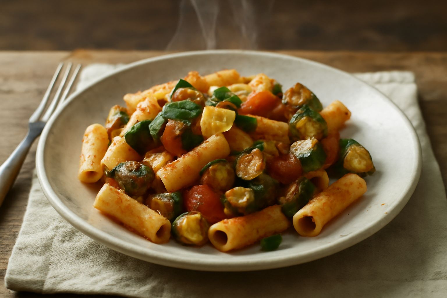 Piatto di maccheroni con zucchine, melanzane e pomodori rossi, spolverati di pecorino grattugiato, su fondo di legno con tovaglia a quadri