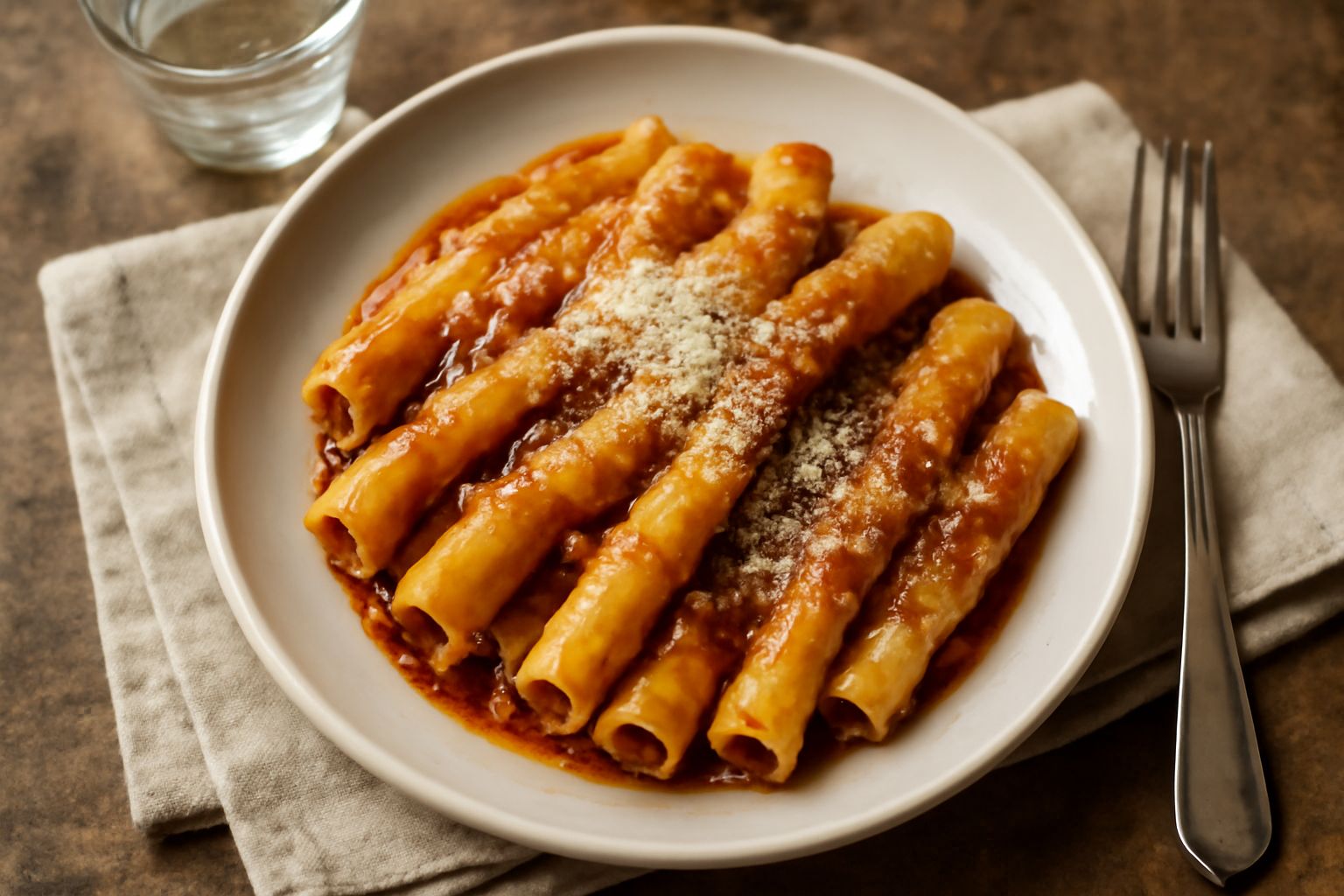 Piatto di ceramica bianca con maccheroni alla modenese riempiti: tubi di pasta gialla dorata con ripieno di ragù scuro visibile all'interno, cosparsi di parmigiano grattugiato bianco, decorati con una