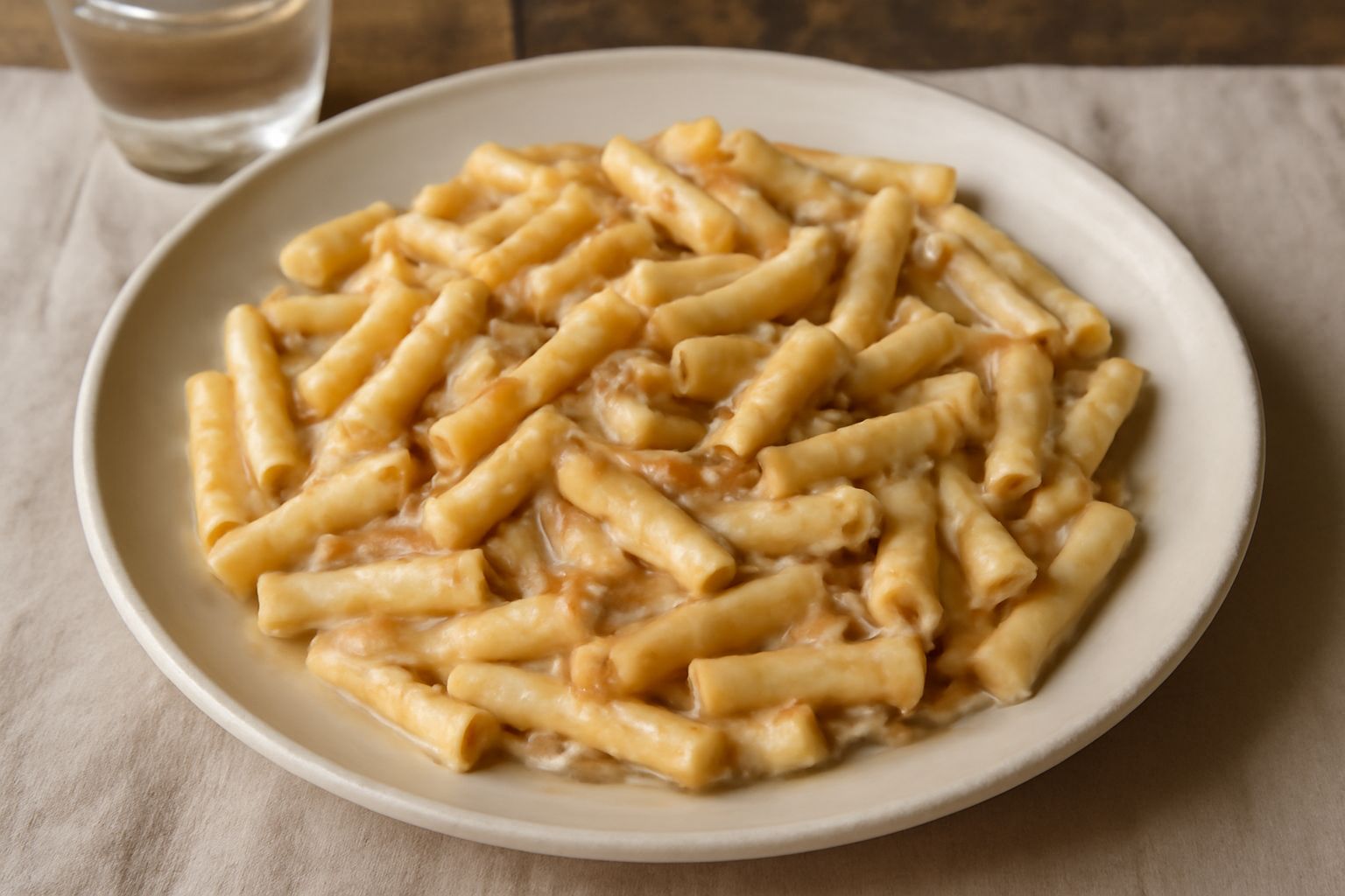 Maccheroni in bianco cremoso con ragù di carne, serviti in piatto fondo bianco con cucchiaio di legno, pasta ben visibile legata dalla salsa, spolverata di parmigiano grattugiato