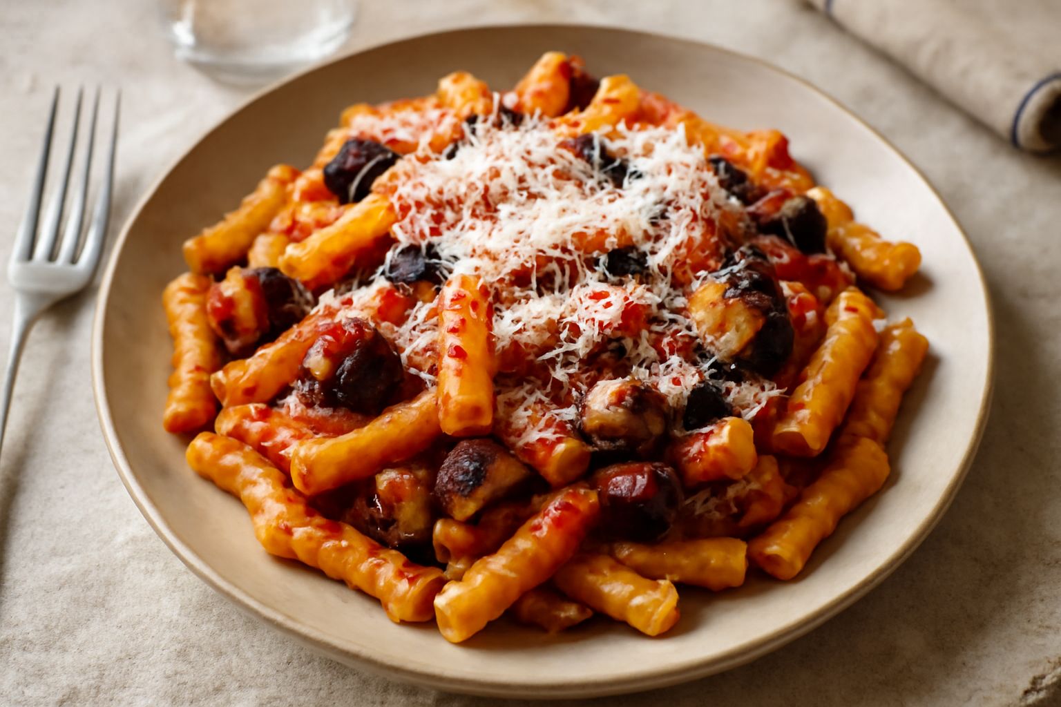 Piatto di maccheroni gialli con pezzi di melanzane viola scure, salsa rossa, briciole di ricotta salata bianca e basilico fresco verde, servito in ciotola di ceramica bianca