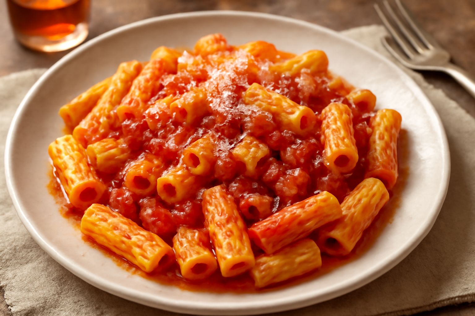 Piatto bianco con maccheroni giallo-dorati ricoperti di salsa rossa di pomodoro, cubetti di guanciale soffritto e scaglie di pecorino grattugiato, vapore leggero