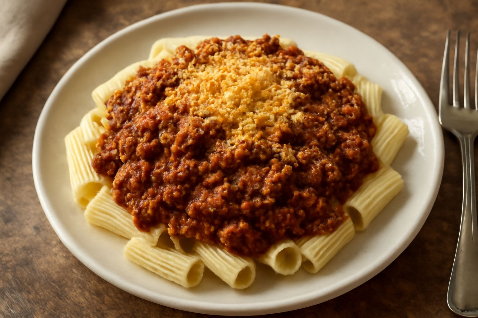 Piatto di maccheroni bianchi e rigatoni ricoperti da un ragù rosso scuro con particelle di carne, spolverati generosamente di formaggio giallo grattugiato e qualche goccia d'olio, serviti in un piatto