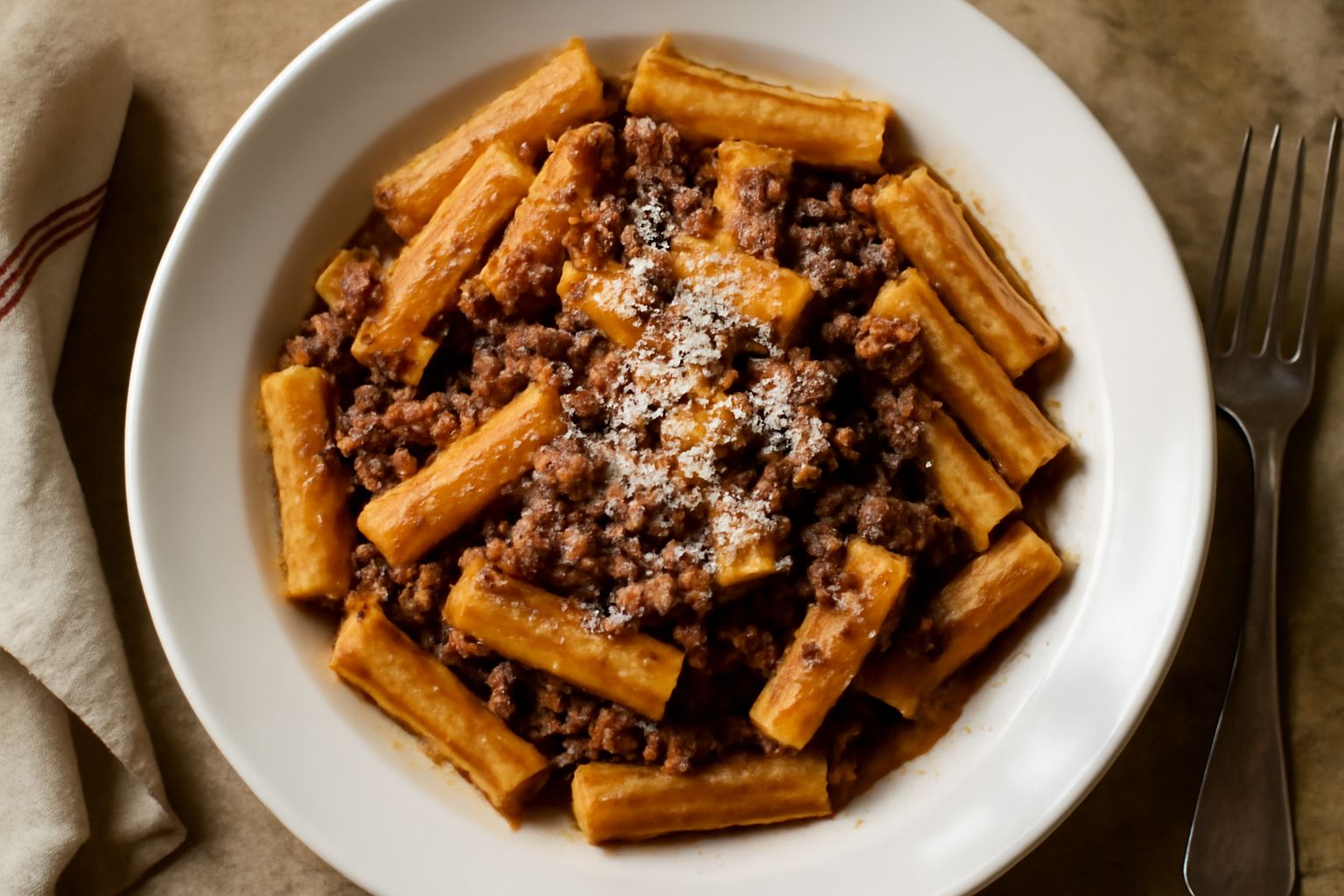 Piatto di maccheroni sulla tavola bianca con ragù marrone scuro, pecorino grattugiato in superficie, steam che sale dalla pasta calda, bicchiere d'acqua accanto