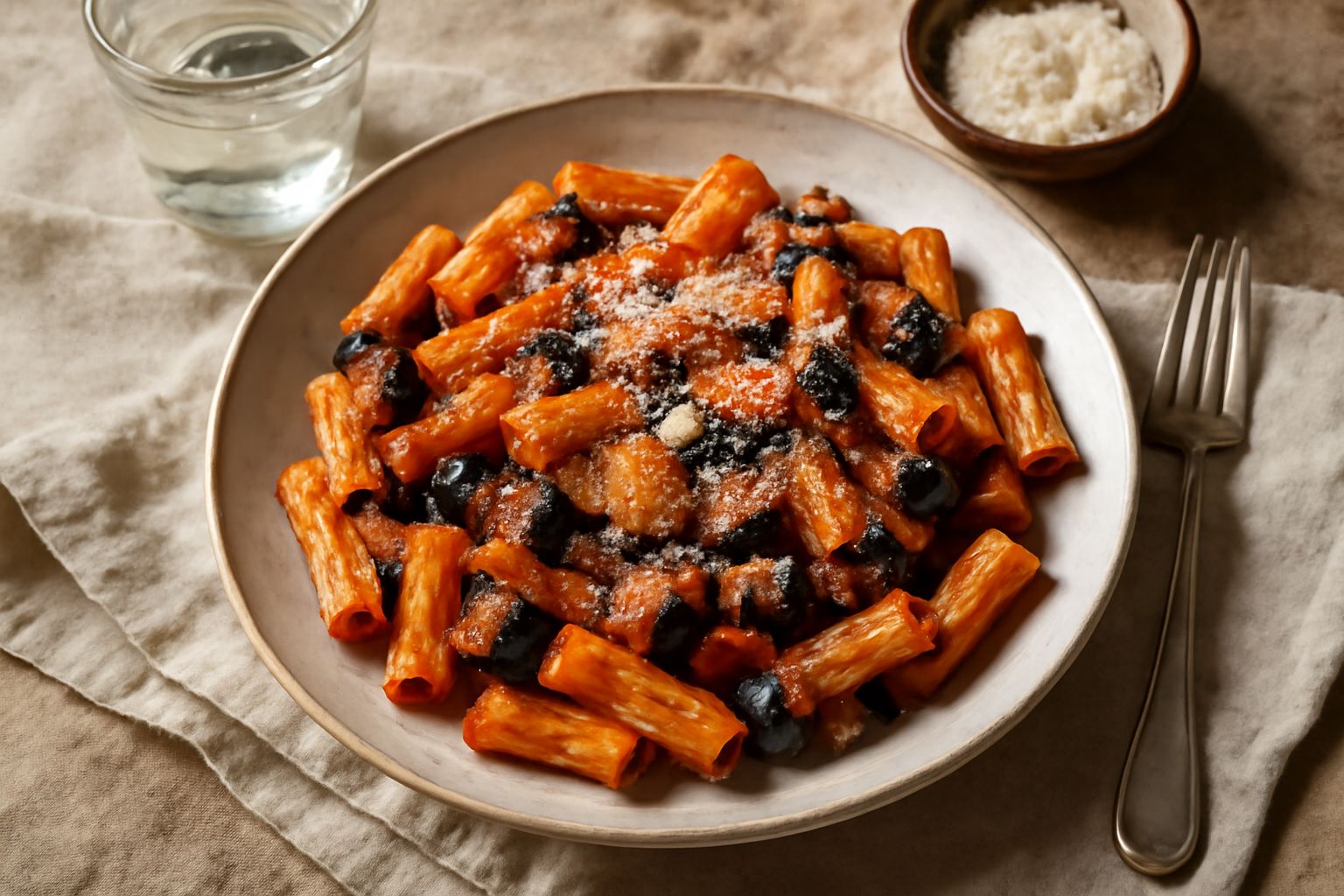 Maccheroni rossi di sugo di pomodoro conditi con melanzane morbide violacee, guarniti con parmigiano bianco grattugiato e basilico fresco verde su piatto fondo bianco