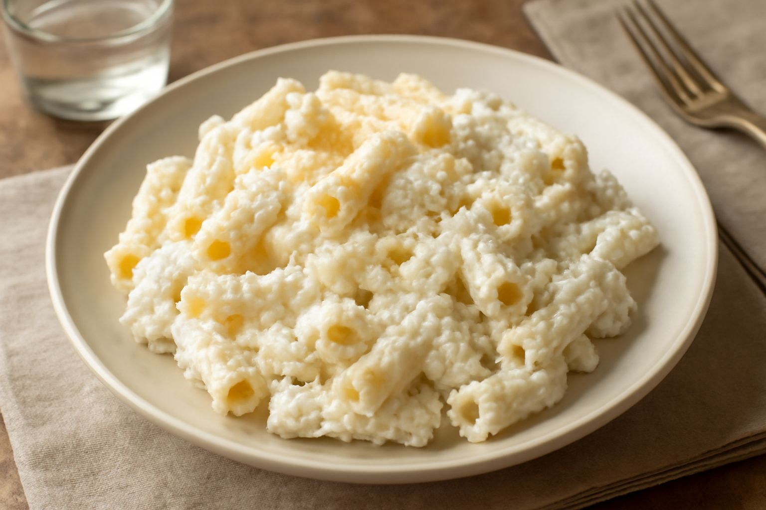 Maccheroni conditi con ricotta cremosa, formaggio grattugiato giallo e pepe nero, serviti in un piatto bianco fondo, con forchetta e tovagliolo di lino
