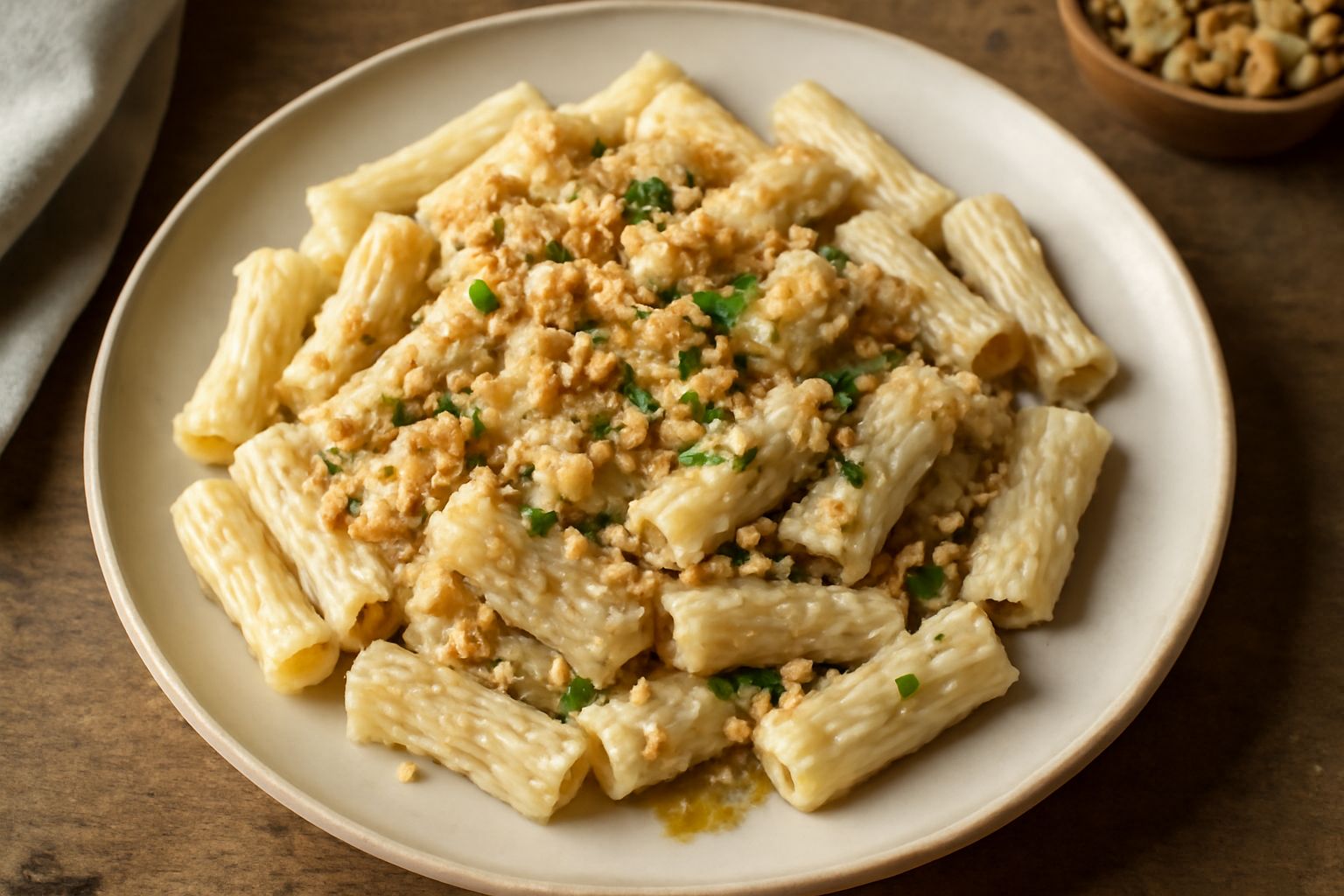 Maccheroni bianchi cremosi in un piatto di ceramica bianca, ricoperti di salsa di noci con granuli di noce tostata sparsi in superficie e prezzemolo fresco verde accanto