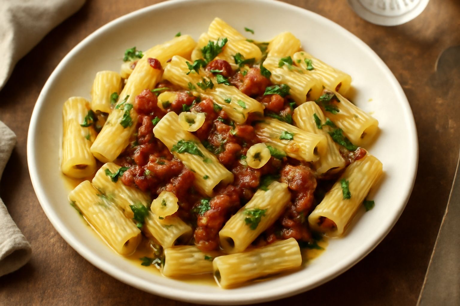 Piatto di maccheroni biancastri conditi con sardelle grigio-dorate, aglio affettato sottile e prezzemolo verde, serviti in un piatto fondo di porcellana bianca