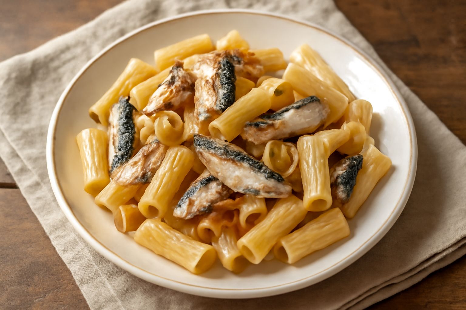 Piatto di maccheroni con sardine intere, cipolla trasparente, olio d'oliva e prezzemolo fresco sparso in superficie. Pasta color crema con strisce argentee di sardina.