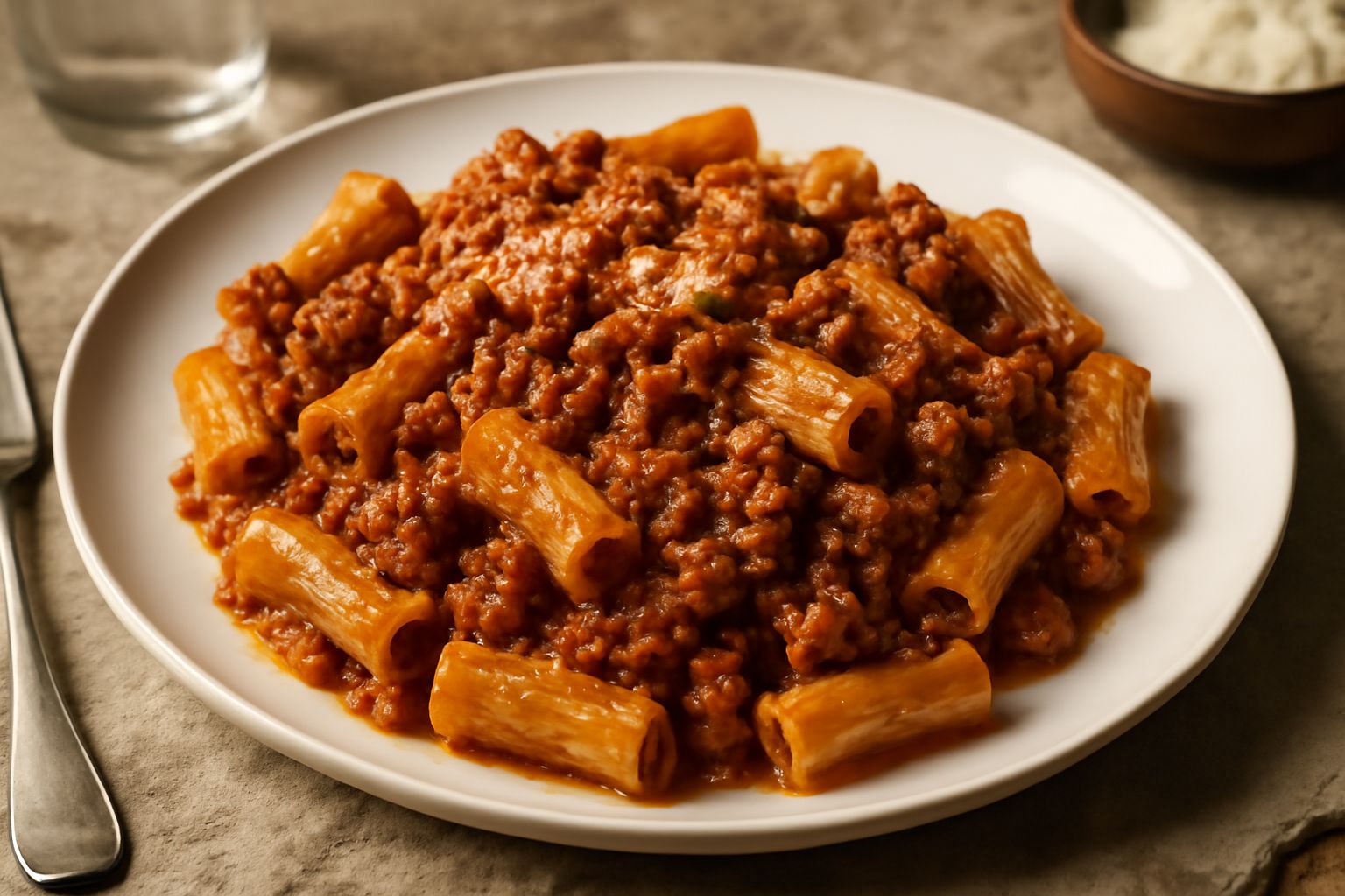 Piatto di maccheroni rigatoni ricoperti di ragù di carne marrone scuro, con salsa pomodoro rosso vivo, guarniti di parmigiano reggiano grattugiato bianco e prezzemolo verde fresco, serviti in piatto b