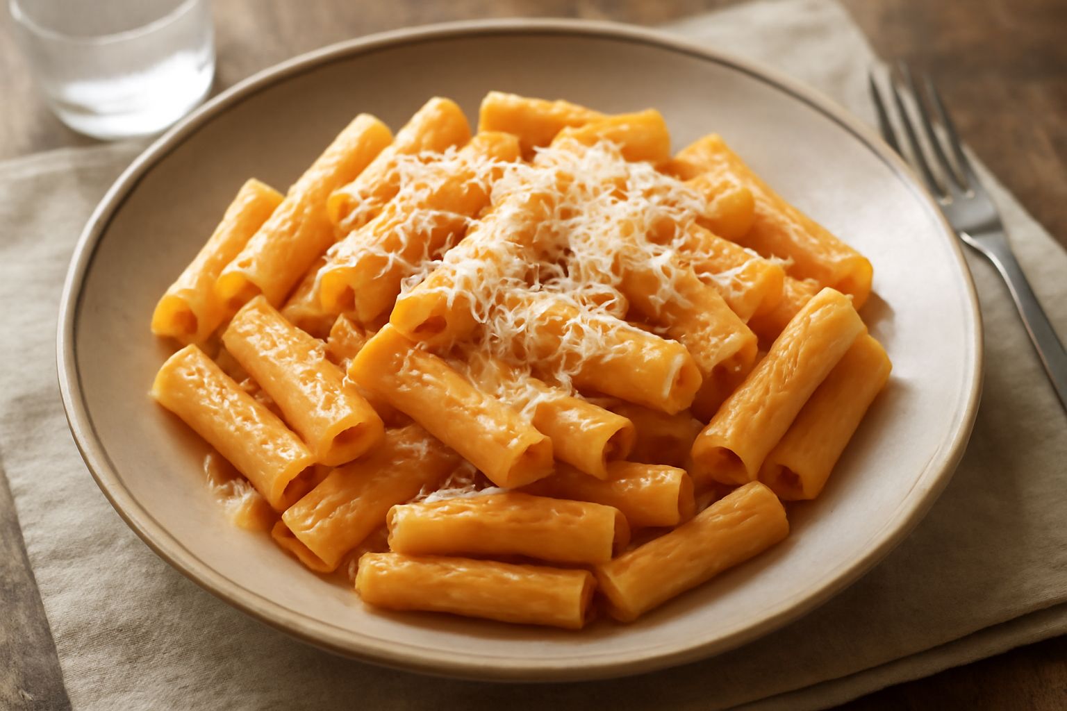 Maccheroni di semola al dente, di colore giallo oro, conditi con sugo di pomodoro rosso vivo, grattugiata di formaggio parmigiano bianco e un cucchiaio di legno in primo piano su un piatto bianco