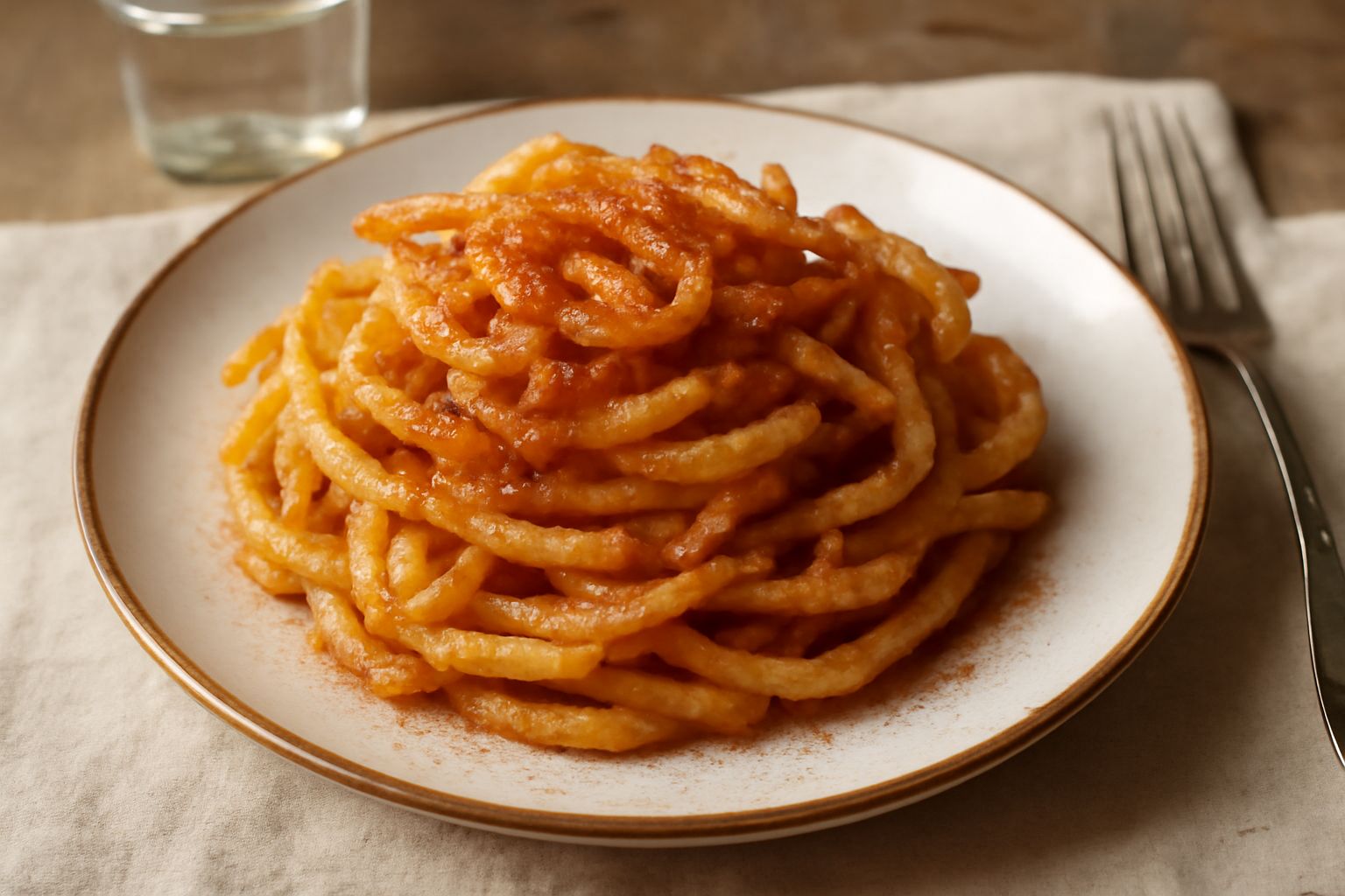 Maccheroni dolci dorati e croccanti in un piatto bianco, ricoperti di zucchero caramellato e cannella, con una lieve spruzzata di noce moscata grattugiata