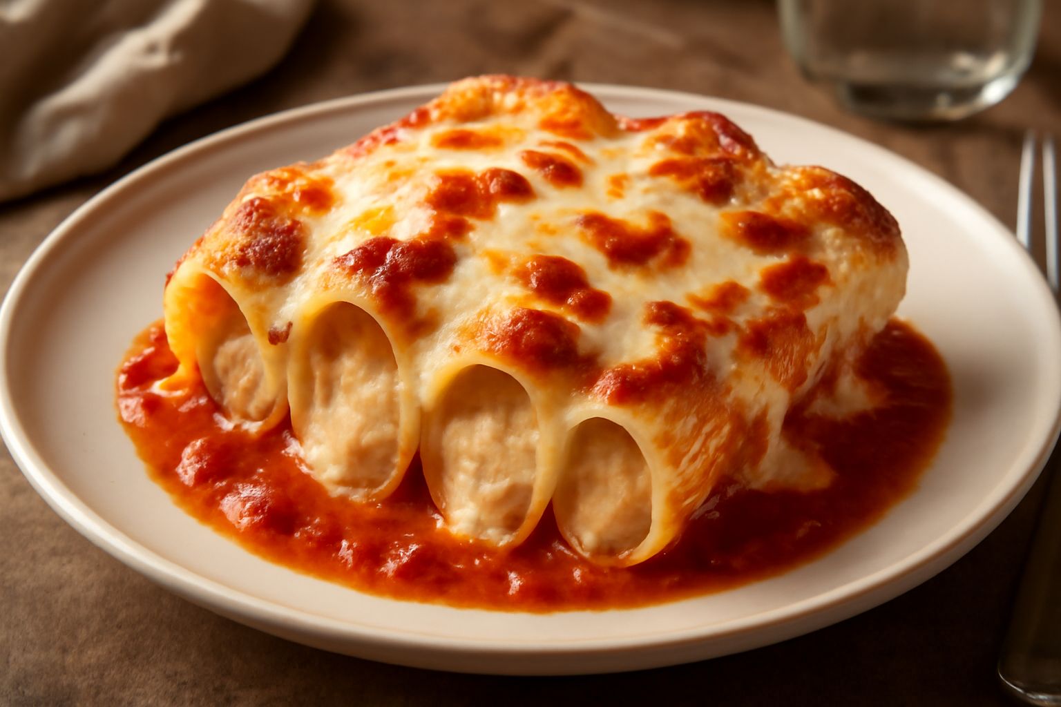 Maccheroni ripieni appena sfornati in una pirofila in ceramica, con superficie dorata, salsa rossa e bianca mista, pezzi di mozzarella fusa, vapore ancora visibile, contorno di insalata verde