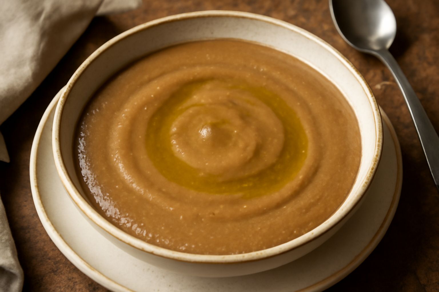 Ciotola bianca con macco di fagioli cremoso color nocciola, olio d'oliva versato a filo sopra e un filo di pepe nero, pane tostato accanto