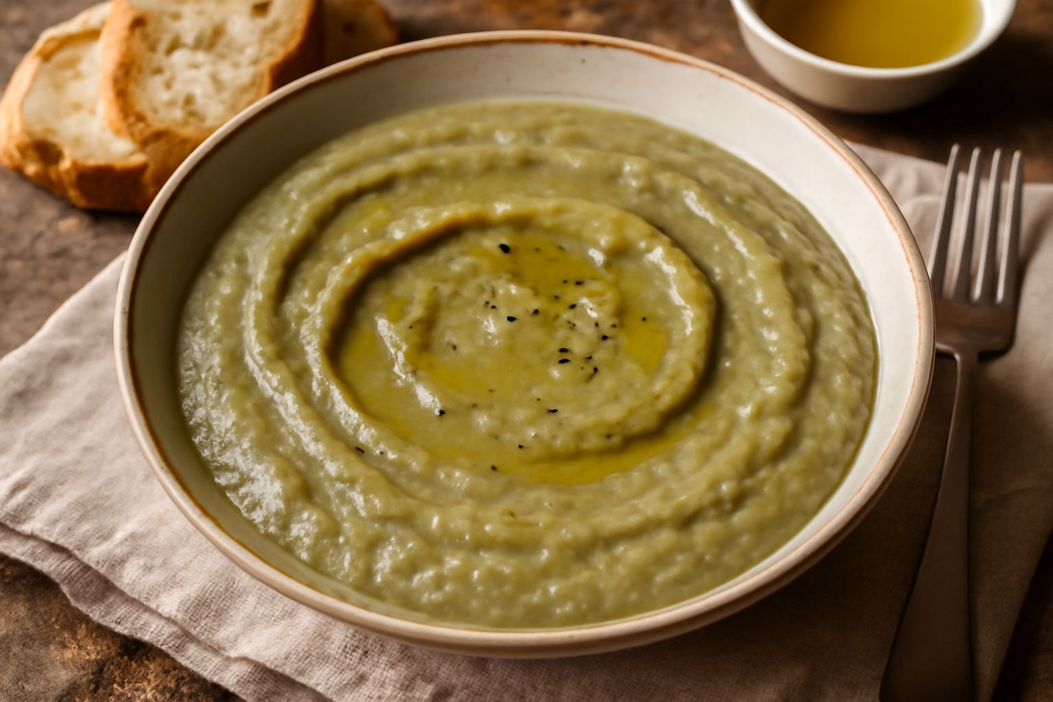 Una ciotola di ceramica bianca colma di purea verde-grigia di fave, liscia e cremosa, con un filo d'olio extravergine in superficie, cipolla caramellata in cima, e una fetta di pane tostato appoggiata