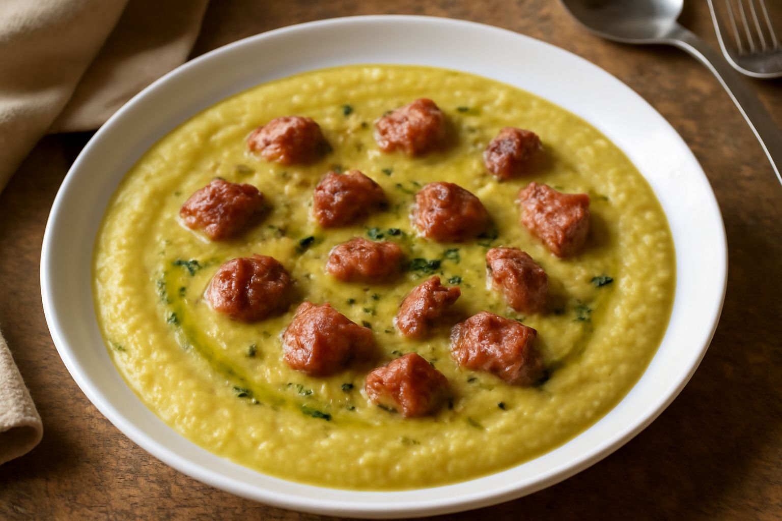 Piatto bianco con macco di fave cremoso color giallo-verde, decorato con salsiccia tagliata a rondelle, filo di olio d'oliva e prezzemolo fresco tritato