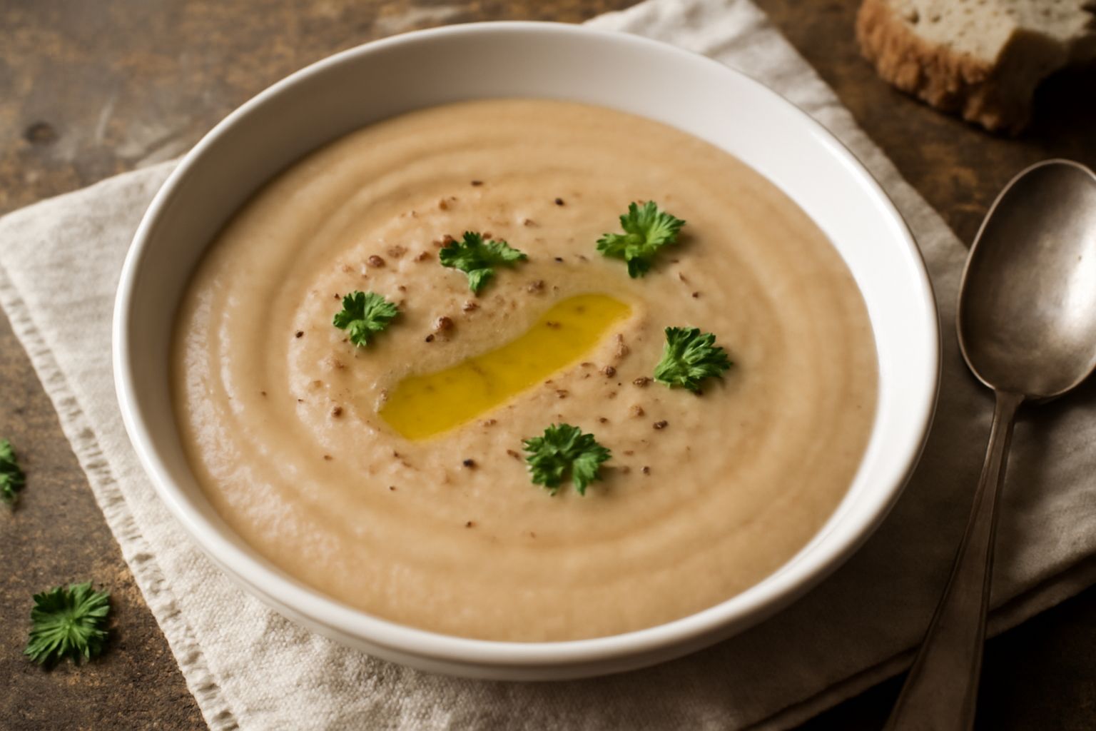 Ciotola di ceramica bianca con crema di fave beige chiaro, liscissima, condita con filo di olio verde scuro e granello di pepe nero in superficie, accompagnata da fetta di pane integrale tostato