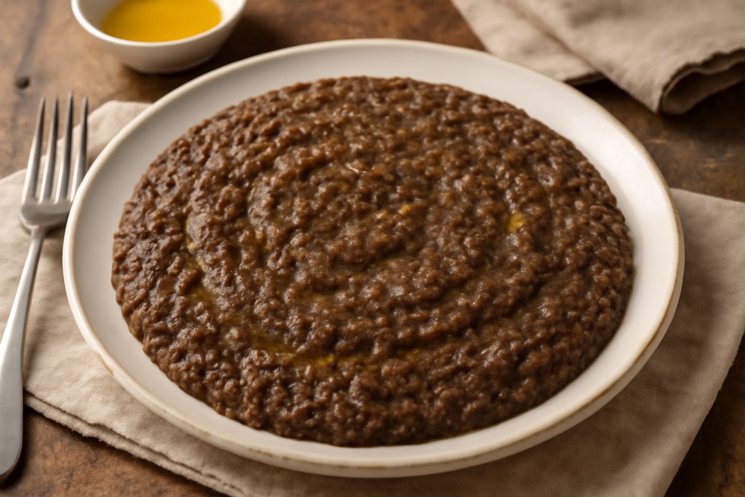 Una ciotola di ceramica bianca contenente maccu di carni color marrone scuro, denso, con visibili pezzetti di carne e legumi ammorbiditi, guarnito con filo di olio d'oliva, ripreso da sopra su tavolo 