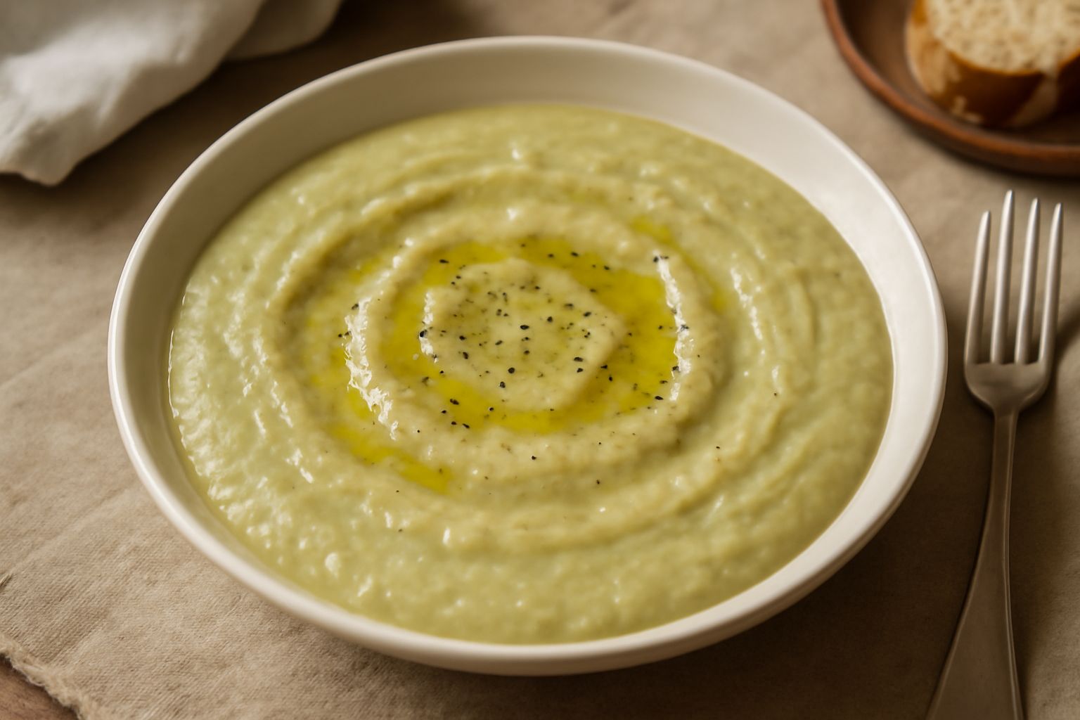 Maccu di fave di colore verde pallido in ciotola di ceramica, cremoso, condito con filo di olio extravergine e pepe nero macinato, con cipolla dorata ai bordi
