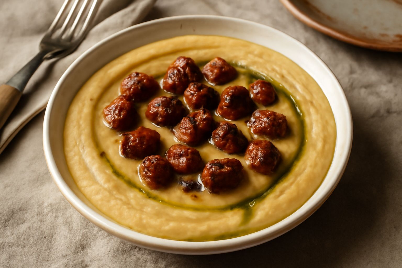 Ciotola di purea di fave beige e cremosa con fette di salsiccia rosolata in cima, olio d'oliva che goccia sul bordo, servita in piatto bianco fondo
