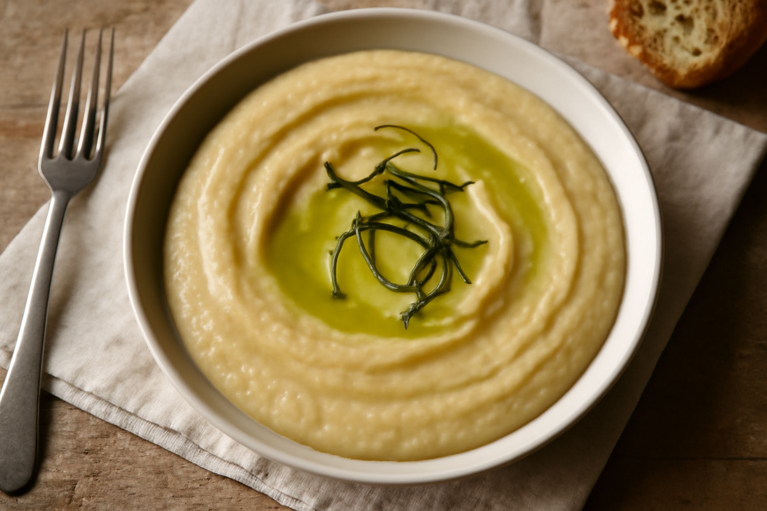 Maccu di favette in una ciotola bianca, cremoso e di colore giallo pallido, con un filo di olio d'oliva e qualche filo di cipolla fritta sulla superficie, servito tiepido