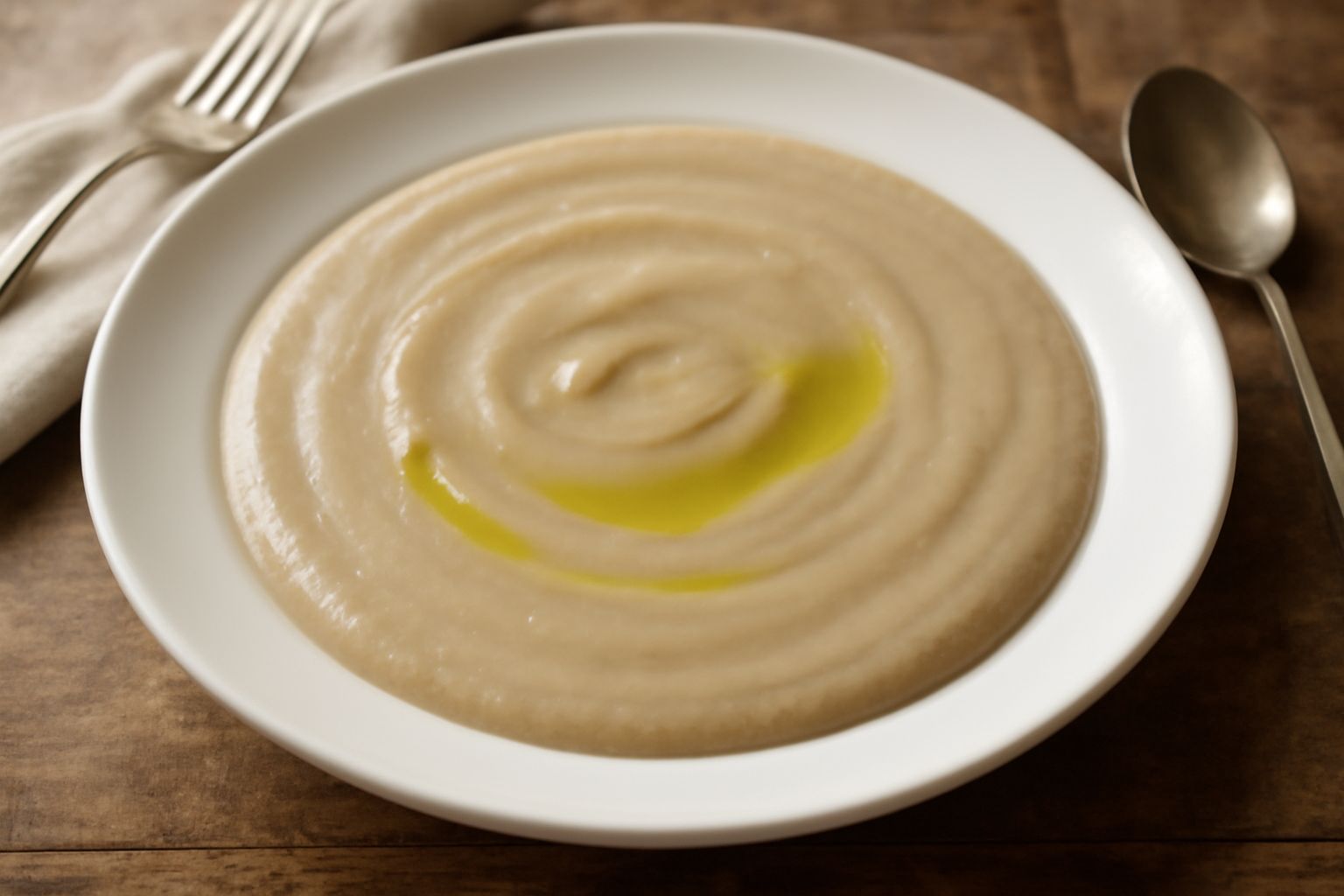 Ciotola di maccu freddo beige-grigio cremoso, servito in un piatto bianco, con un filo di olio extravergine verde in superficie e un cucchiaio in legno appoggiato accanto