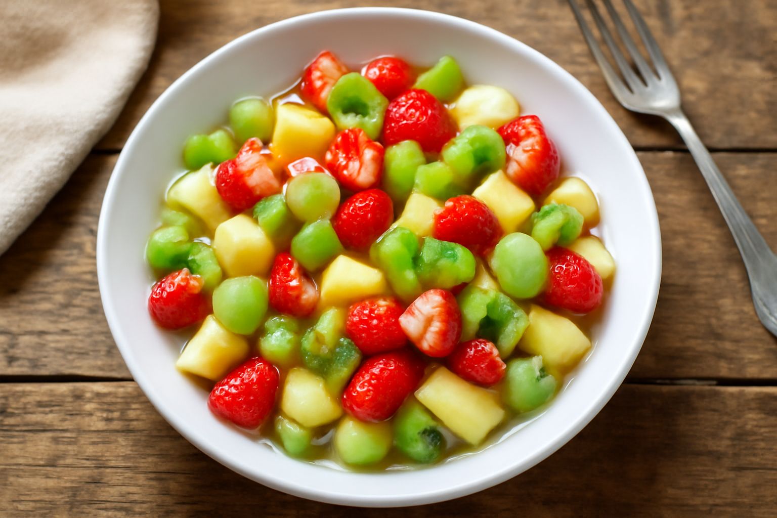Macedonia di frutta in una ciotola di vetro trasparente: mele gialle tagliate a cubetti, fragole rosse, kiwi verde brillante, uva bianca, melone arancio e qualche goccia di succo di limone, con foglio